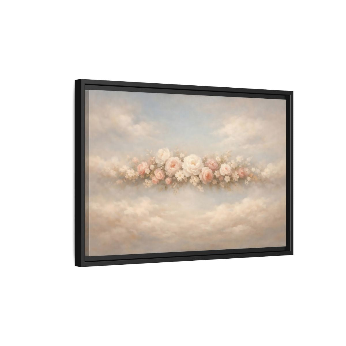 Side Mockup 3. Floral Roses Pink Rose Cloud shown as stretched canvas wall art