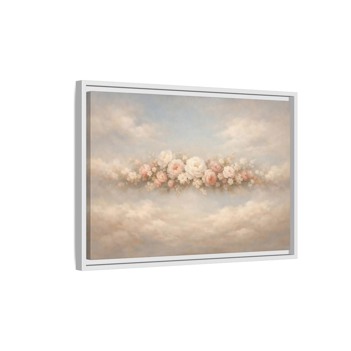 Side Mockup 1. Floral Roses Pink Rose Cloud shown as stretched canvas wall art
