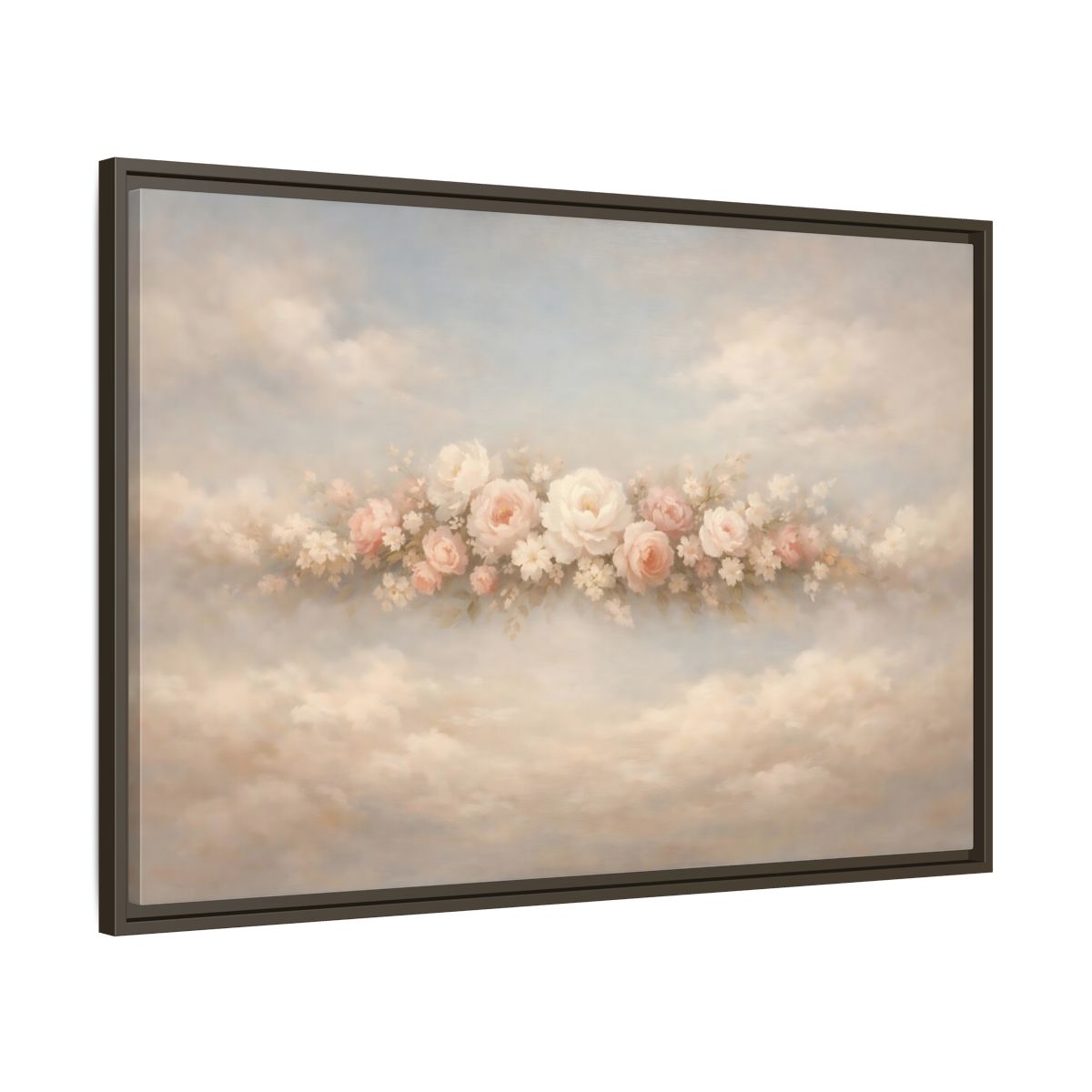 Side Mockup 9. Floral Roses Pink Rose Cloud shown as stretched canvas wall art