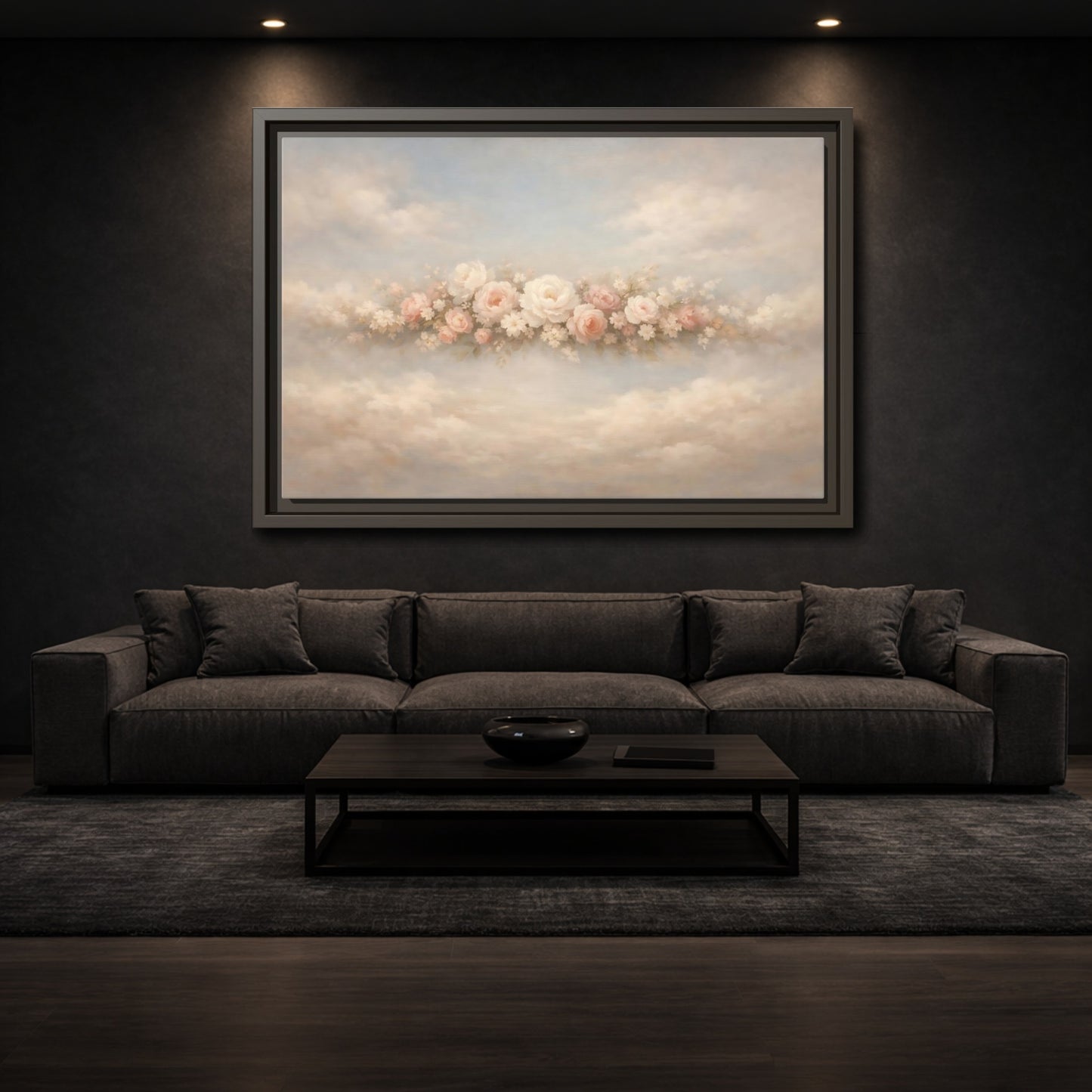 Mockup 2. Floral Roses Pink Rose Cloud shown as stretched canvas wall art
