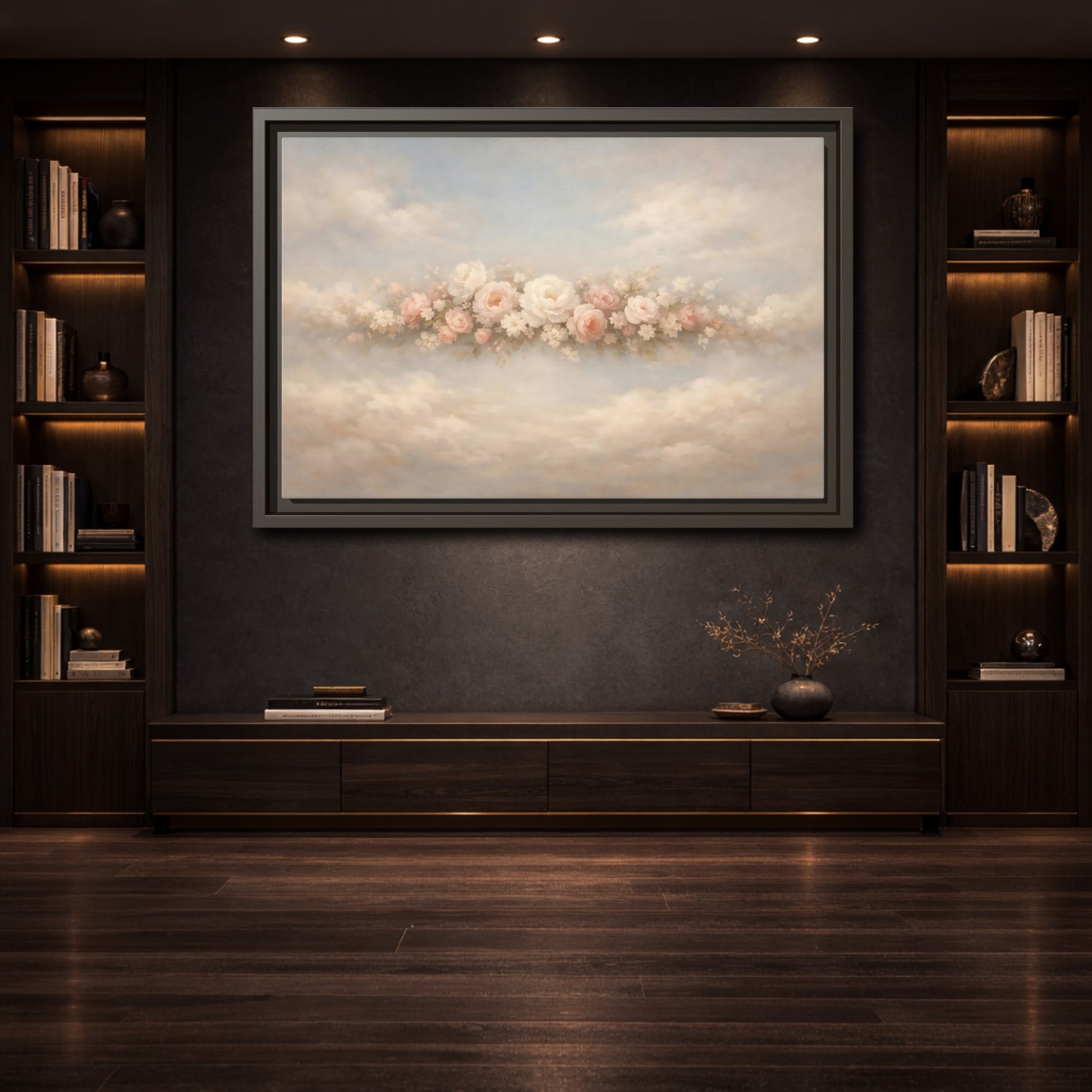Mockup 3. Floral Roses Pink Rose Cloud shown as stretched canvas wall art