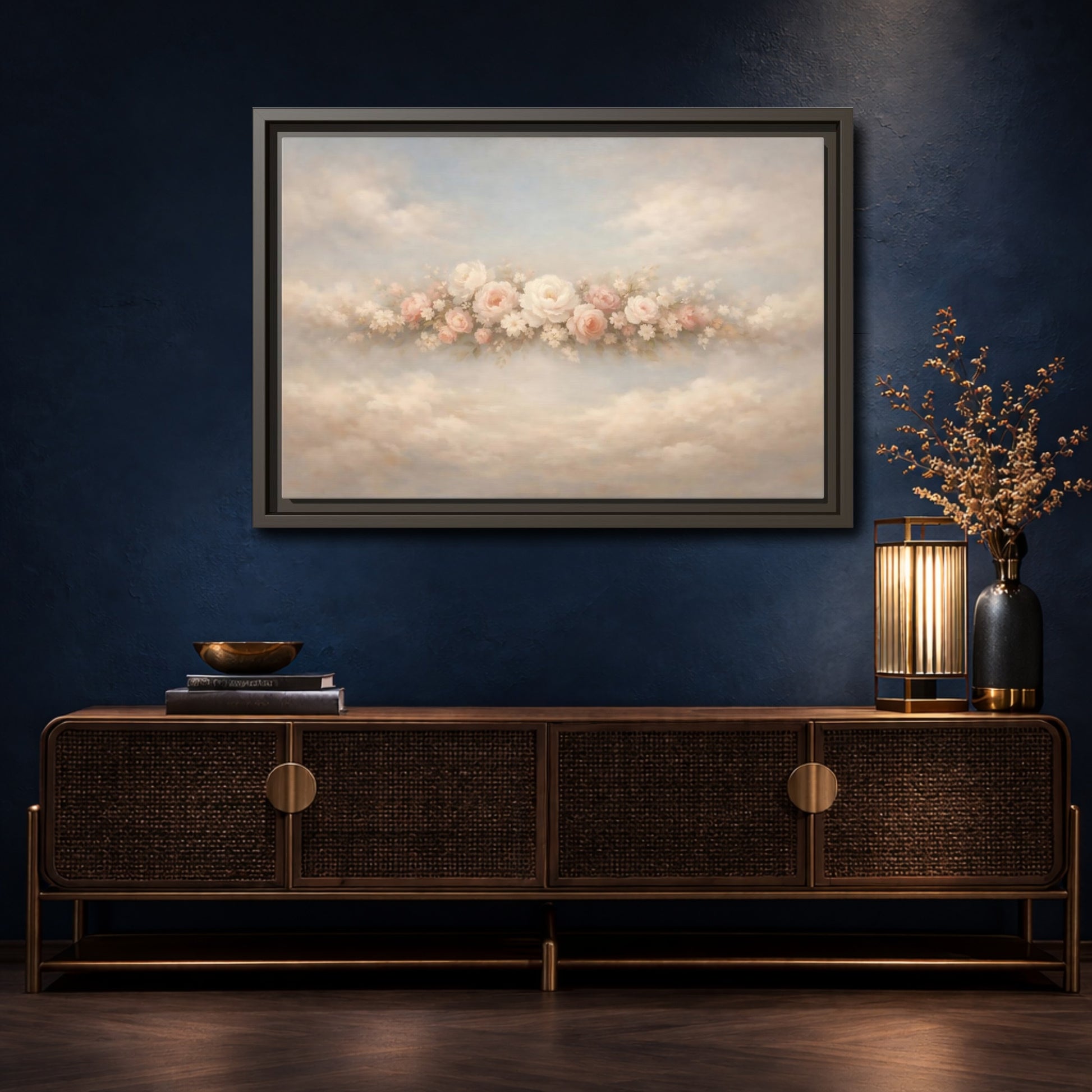 Mockup 4. Floral Roses Pink Rose Cloud shown as stretched canvas wall art