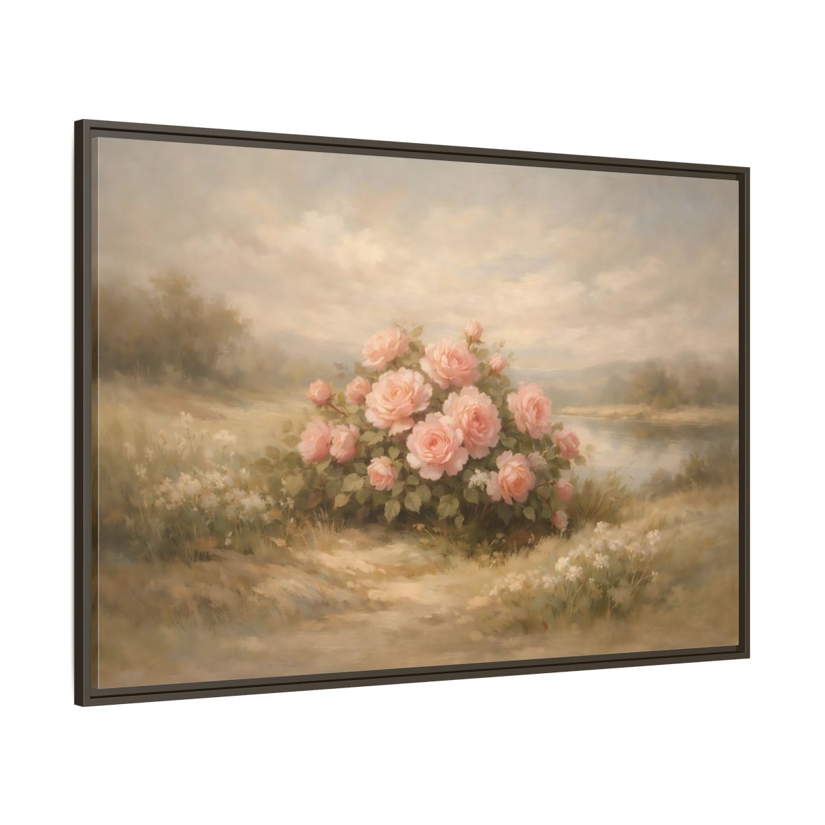 Main Mockup. Floral Roses Pink Roses Landscape shown as stretched canvas wall art