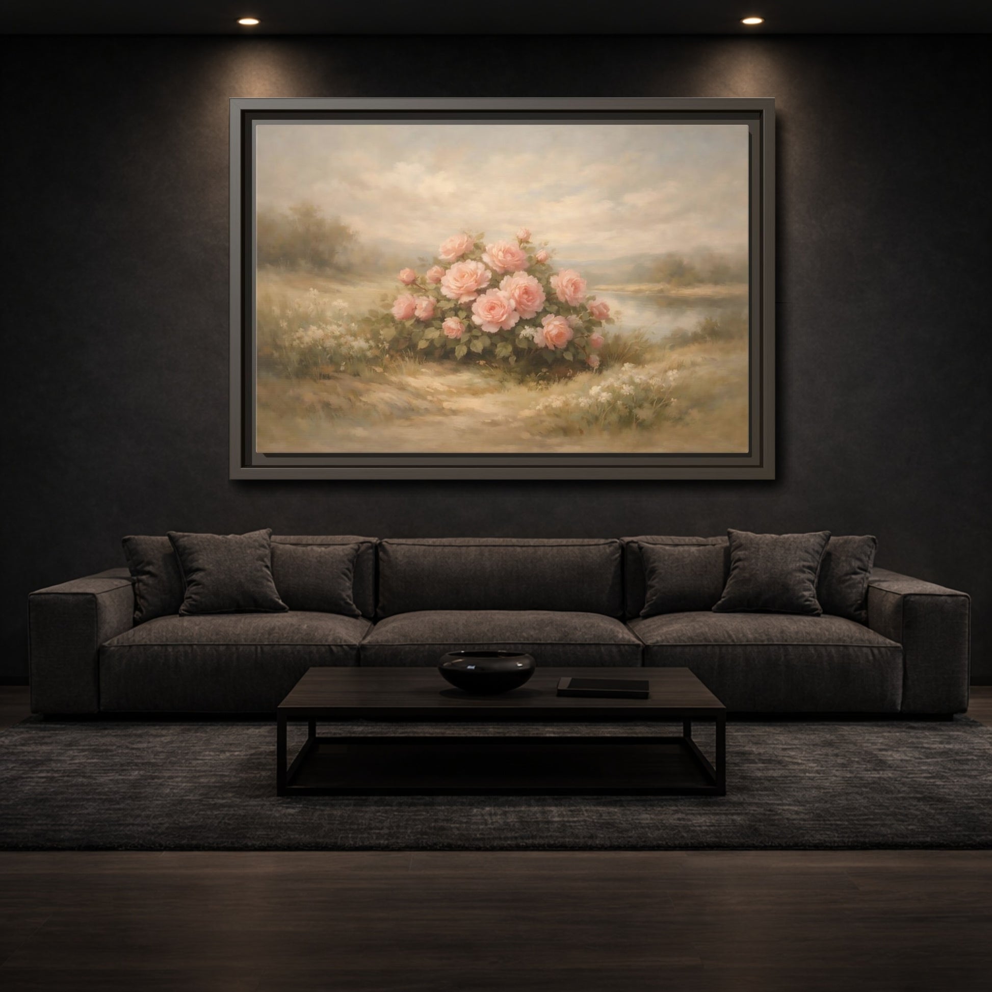 Mockup 2. Floral Roses Pink Roses Landscape shown as stretched canvas wall art