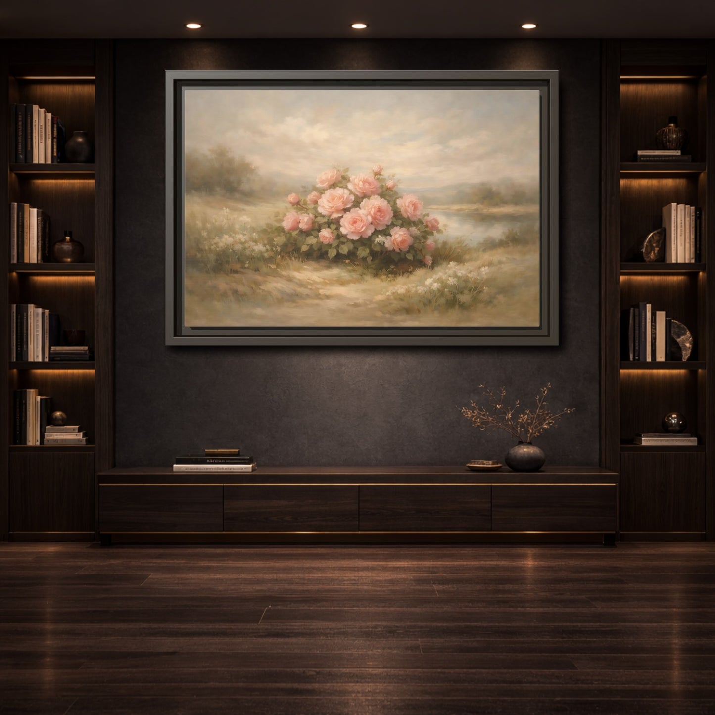 Mockup 3. Floral Roses Pink Roses Landscape shown as stretched canvas wall art