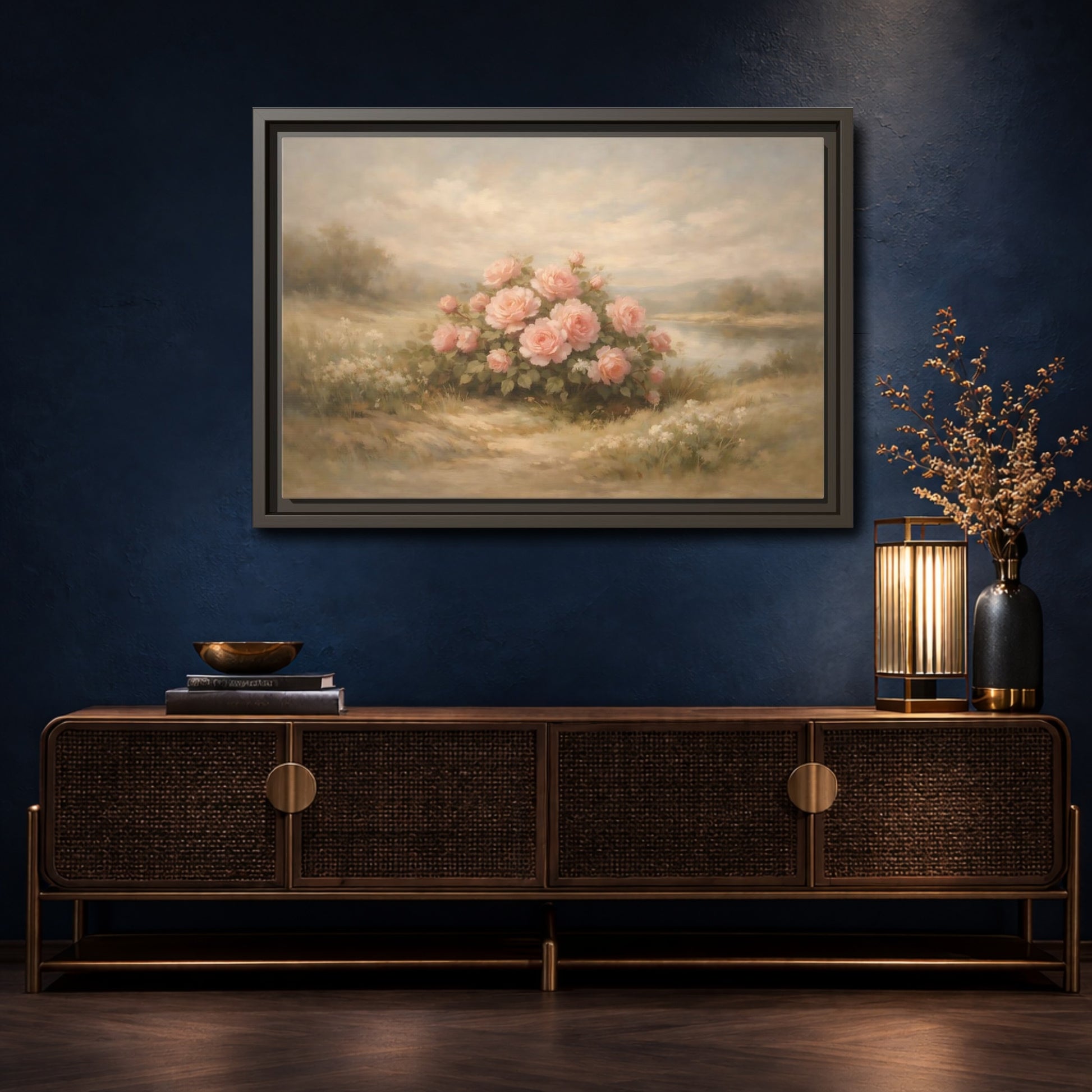 Mockup 4. Floral Roses Pink Roses Landscape shown as stretched canvas wall art