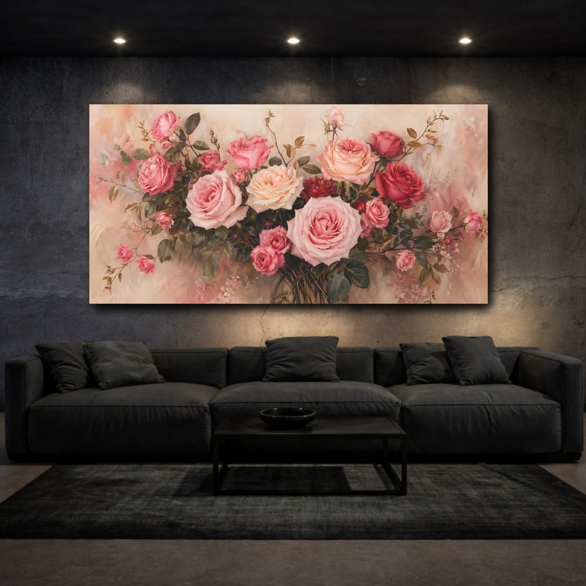 Mockup 2. Floral Roses Pink Roses shown as stretched canvas wall art