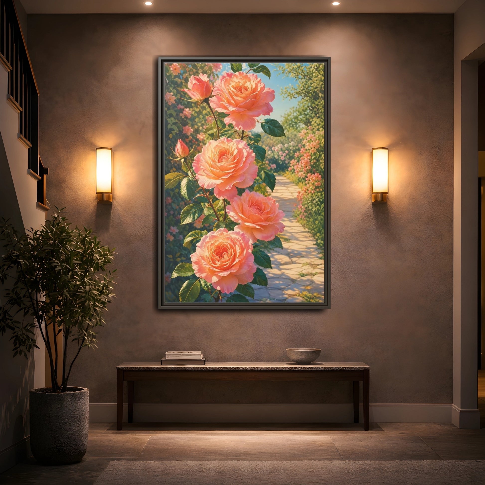 Mockup 2. Floral Roses Pink Roses shown as framed canvas print