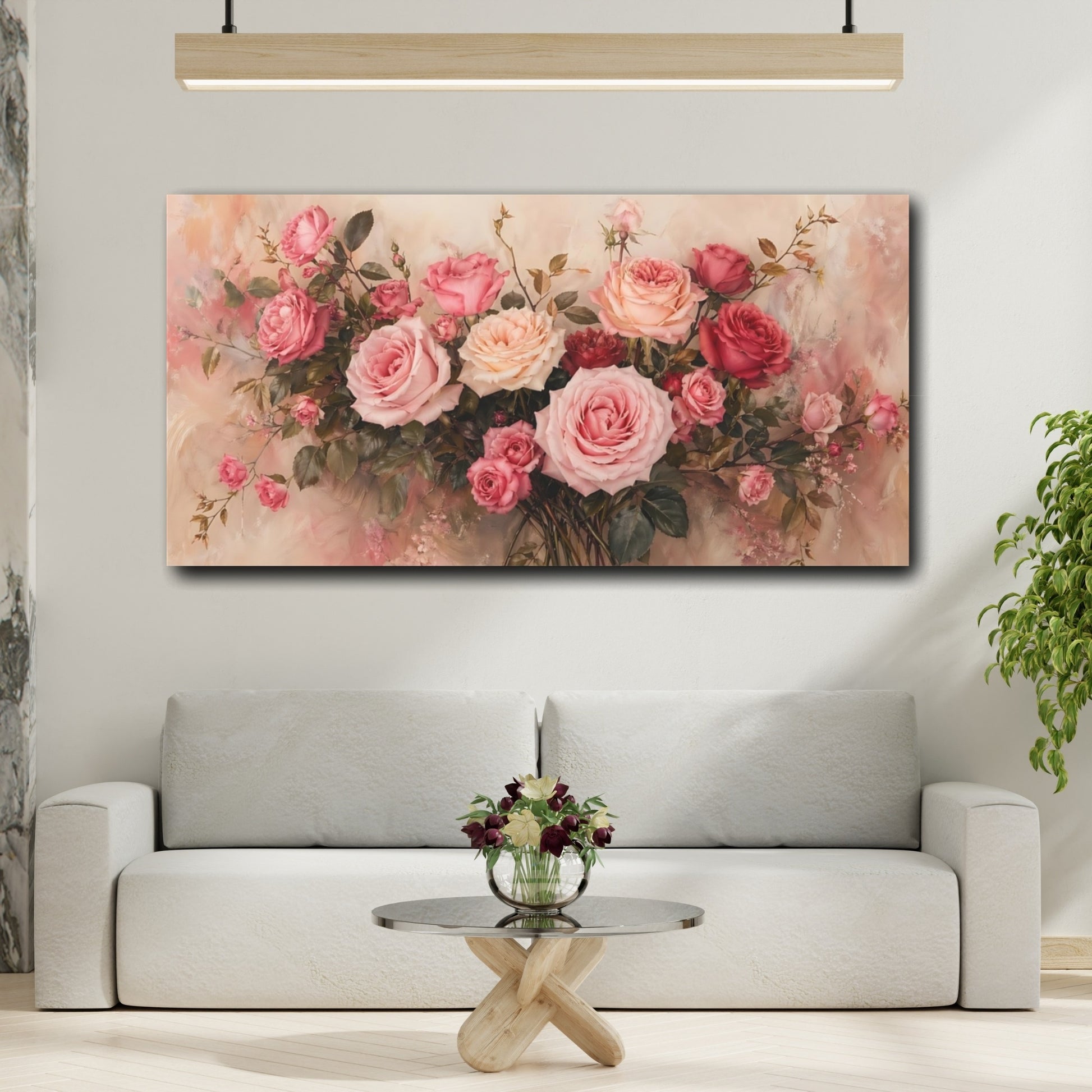 Mockup 3. Floral Roses Pink Roses shown as stretched canvas wall art