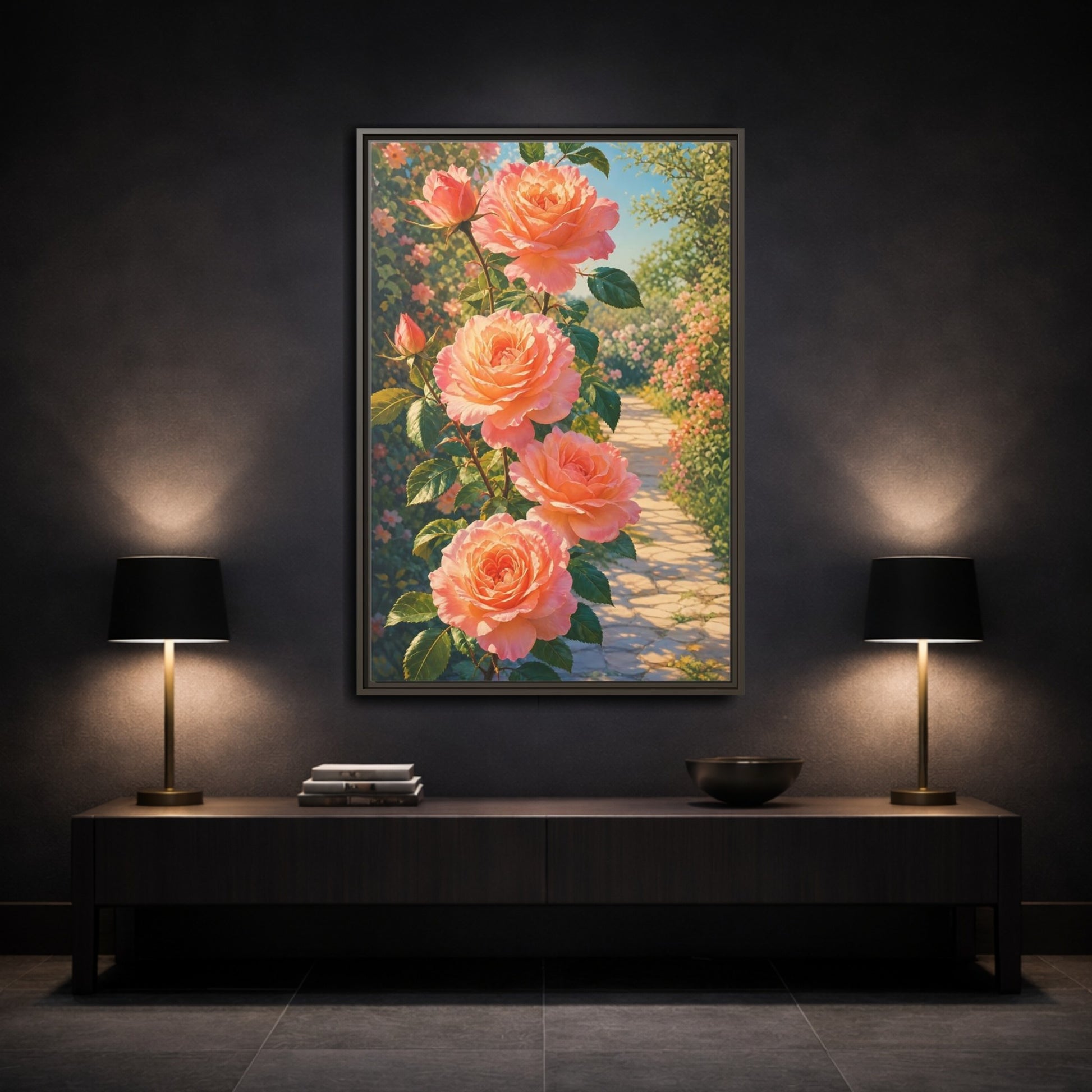 Mockup 3. Floral Roses Pink Roses shown as framed canvas print