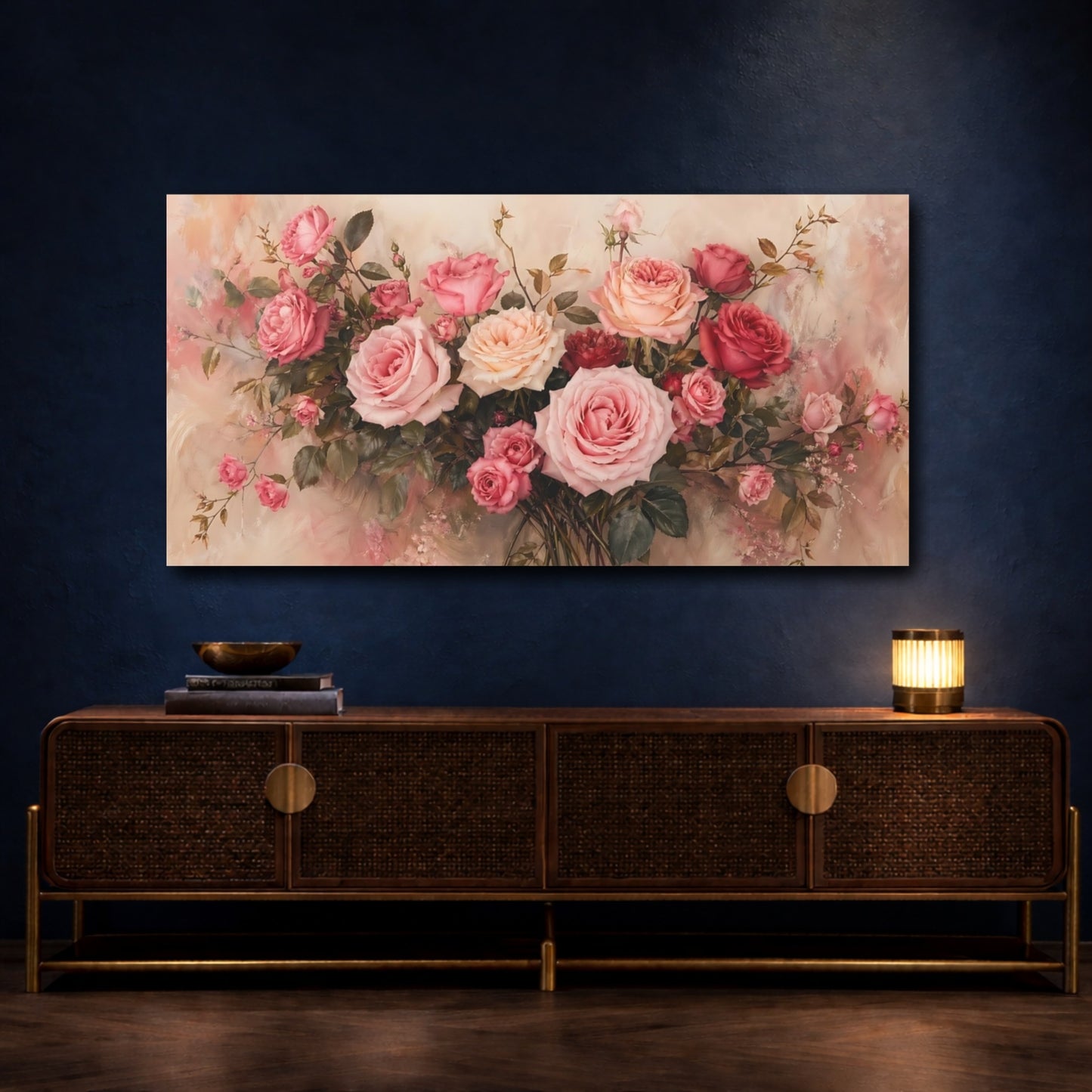 Mockup 4. Floral Roses Pink Roses shown as stretched canvas wall art