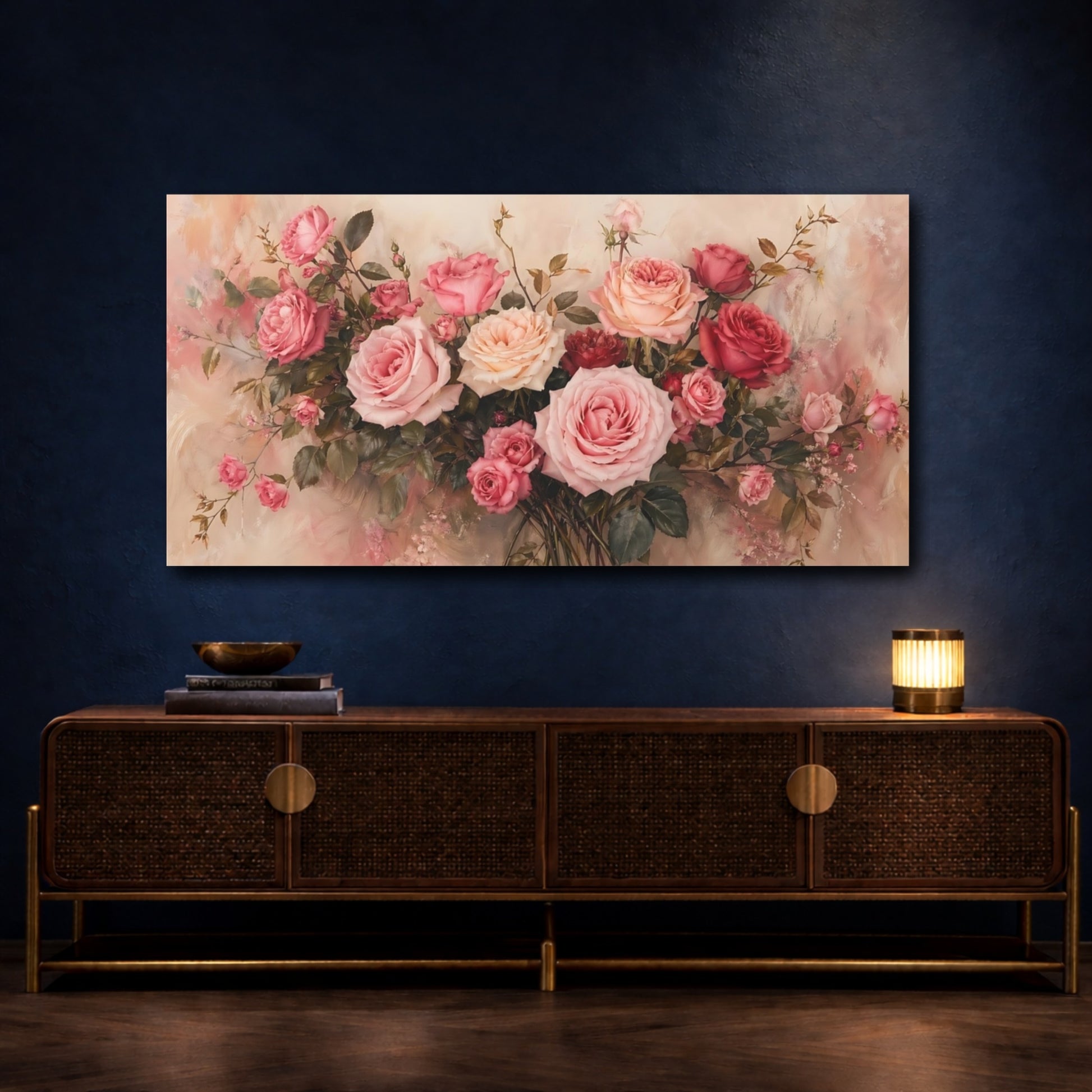 Mockup 4. Floral Roses Pink Roses shown as stretched canvas wall art