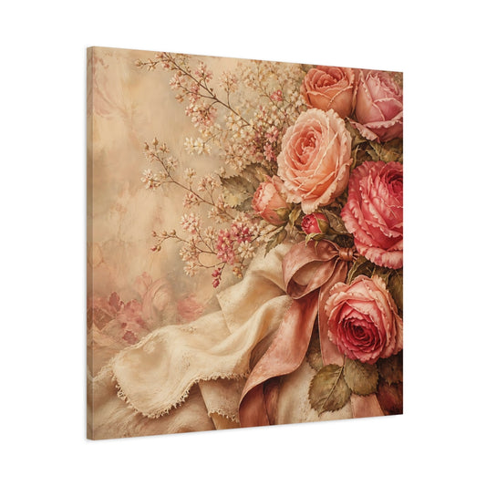 Main Mockup. Floral Roses Pink Roses Vintage shown as stretched canvas wall art