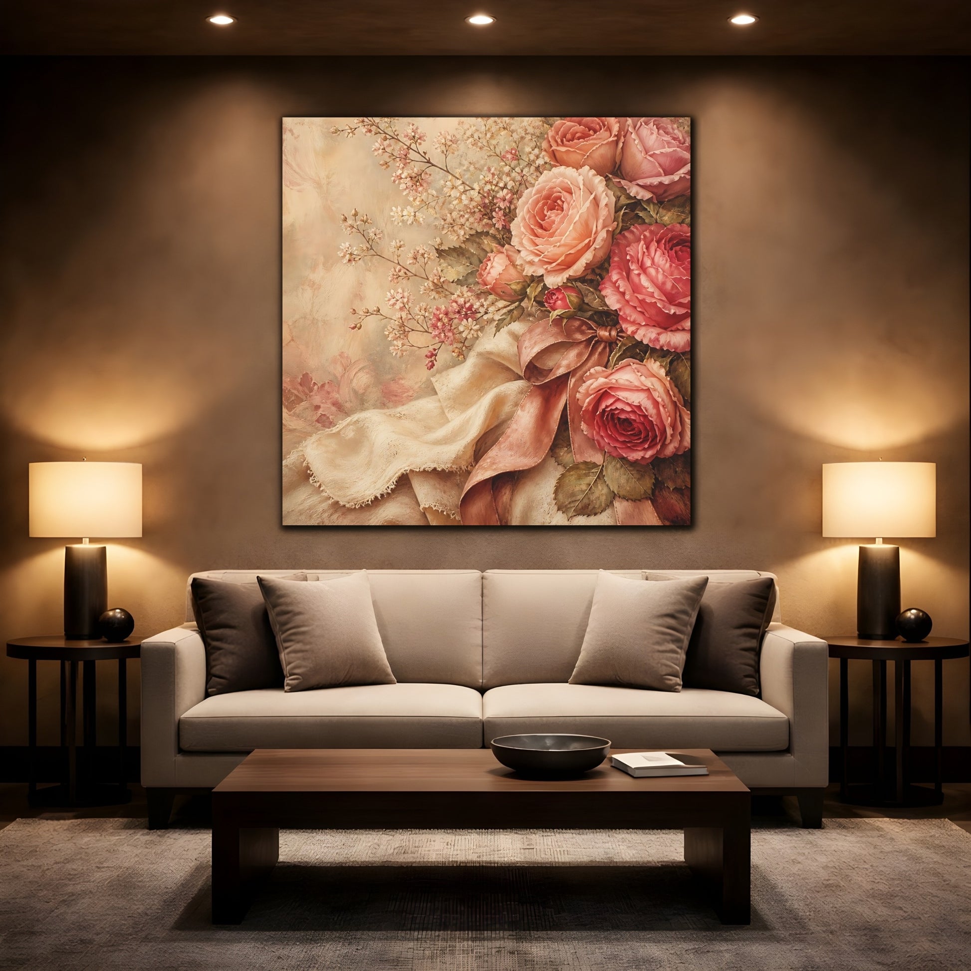 Mockup 2. Floral Roses Pink Roses Vintage shown as stretched canvas wall art