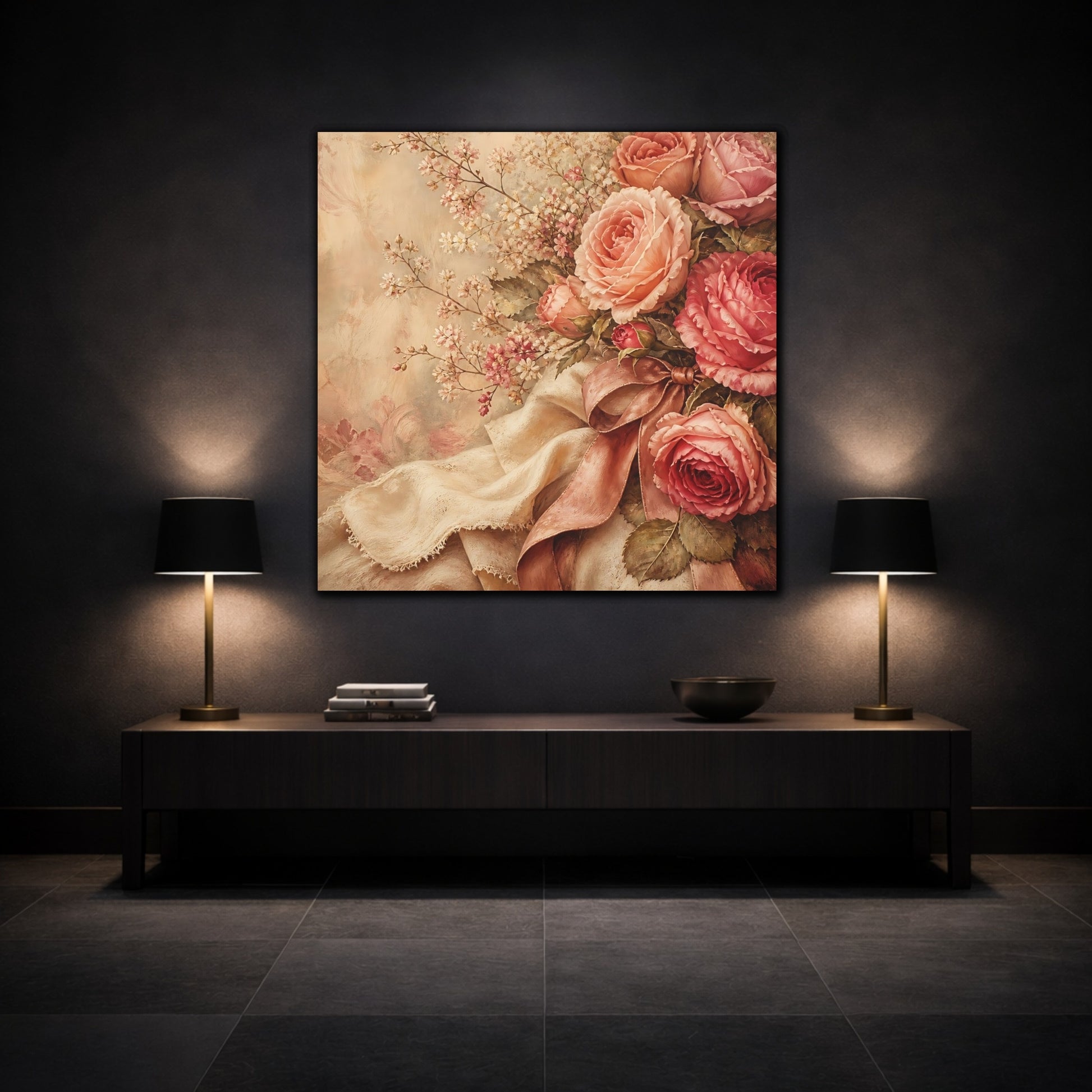 Mockup 3. Floral Roses Pink Roses Vintage shown as stretched canvas wall art