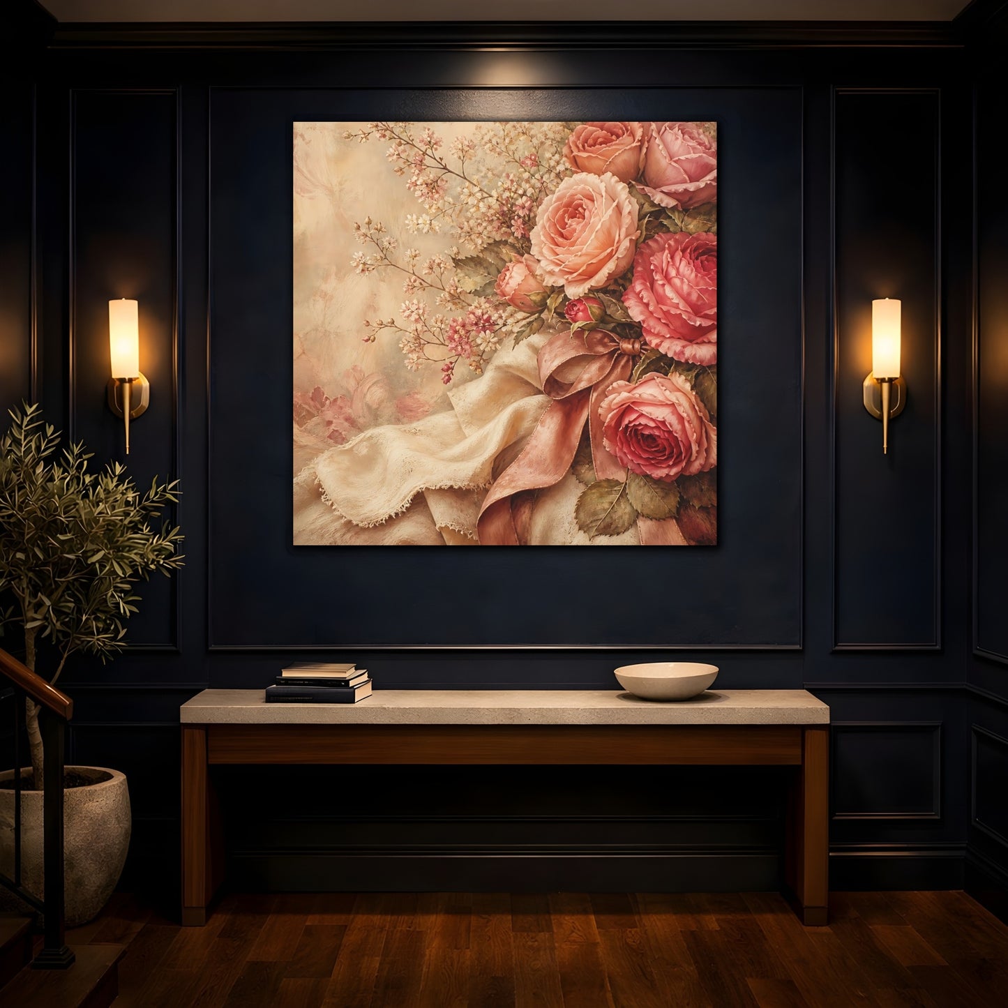 Mockup 4. Floral Roses Pink Roses Vintage shown as stretched canvas wall art