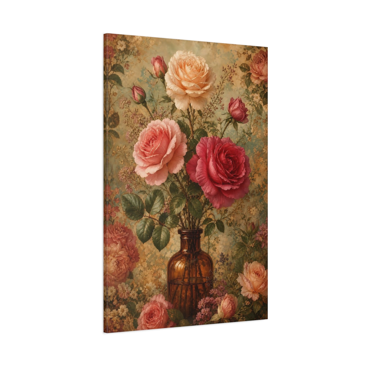 Side Mockup 1. Floral Roses Pink Floral Vase shown as canvas print