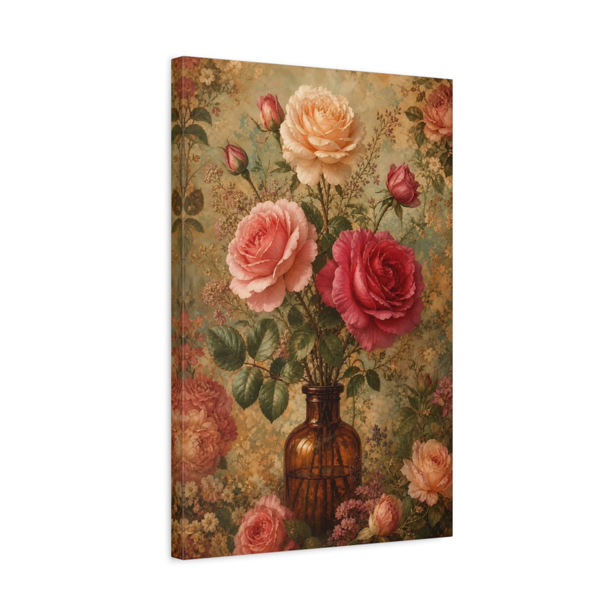 Side Mockup 3. Floral Roses Pink Floral Vase shown as canvas print