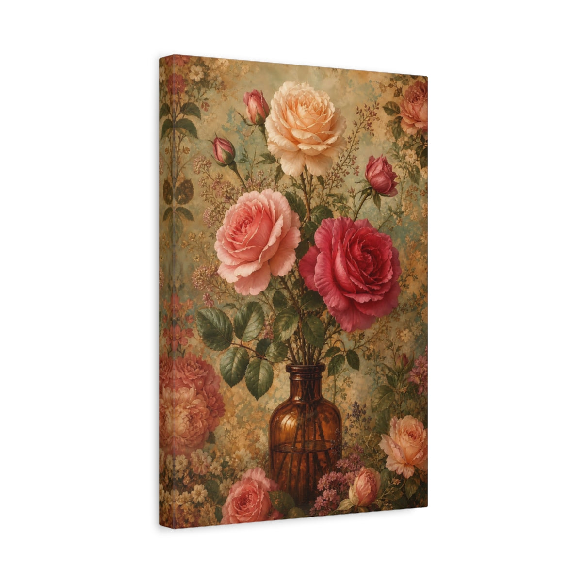 Side Mockup 4. Floral Roses Pink Floral Vase shown as canvas print