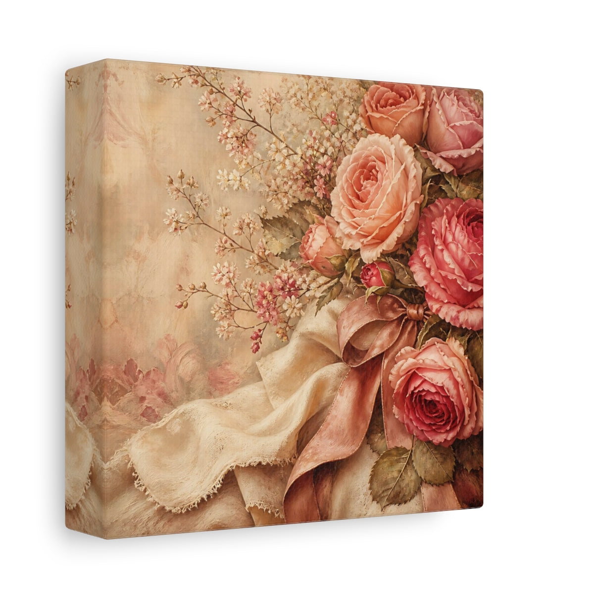 Side Mockup 2. Floral Roses Pink Roses Vintage shown as stretched canvas wall art