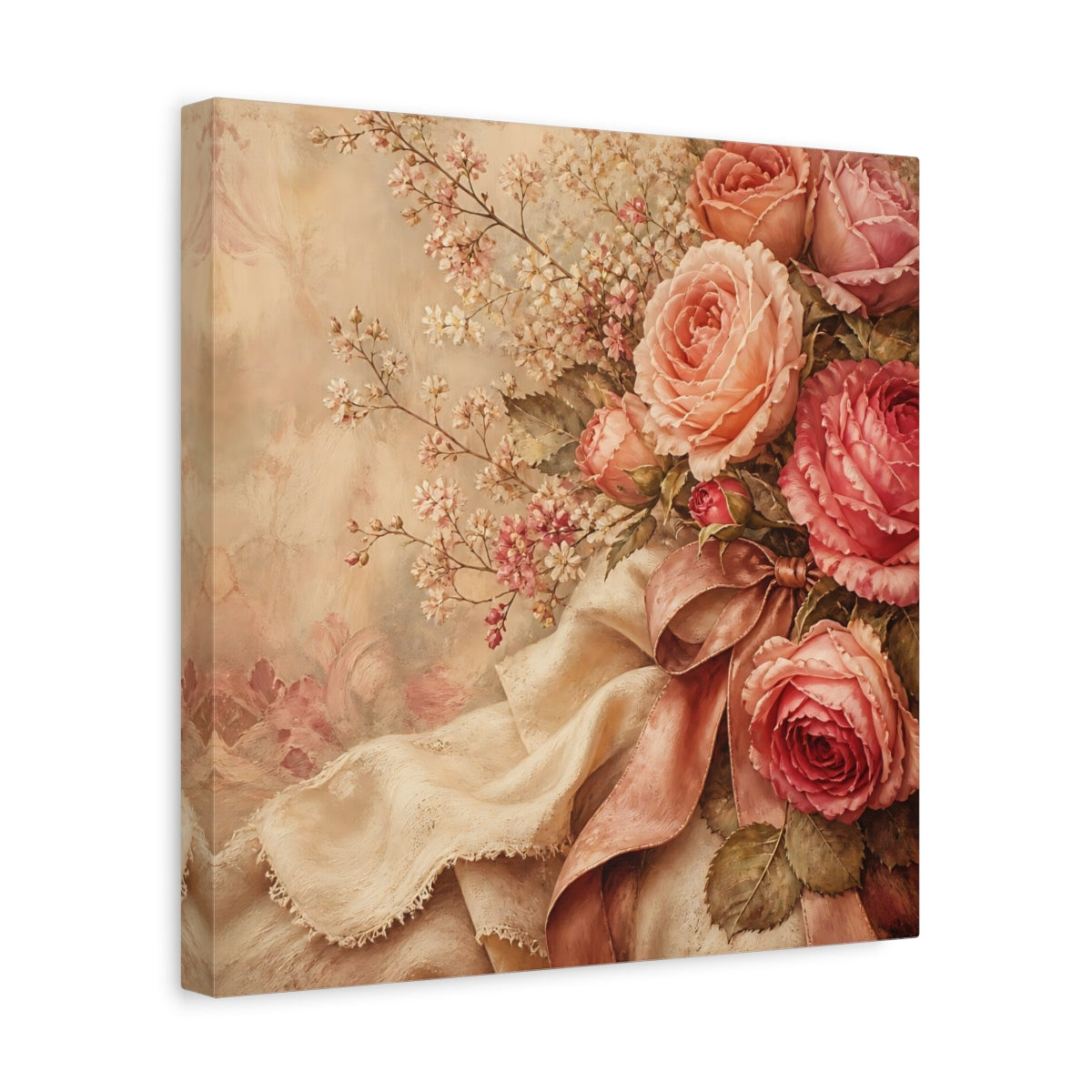 Side Mockup 7. Floral Roses Pink Roses Vintage shown as stretched canvas wall art