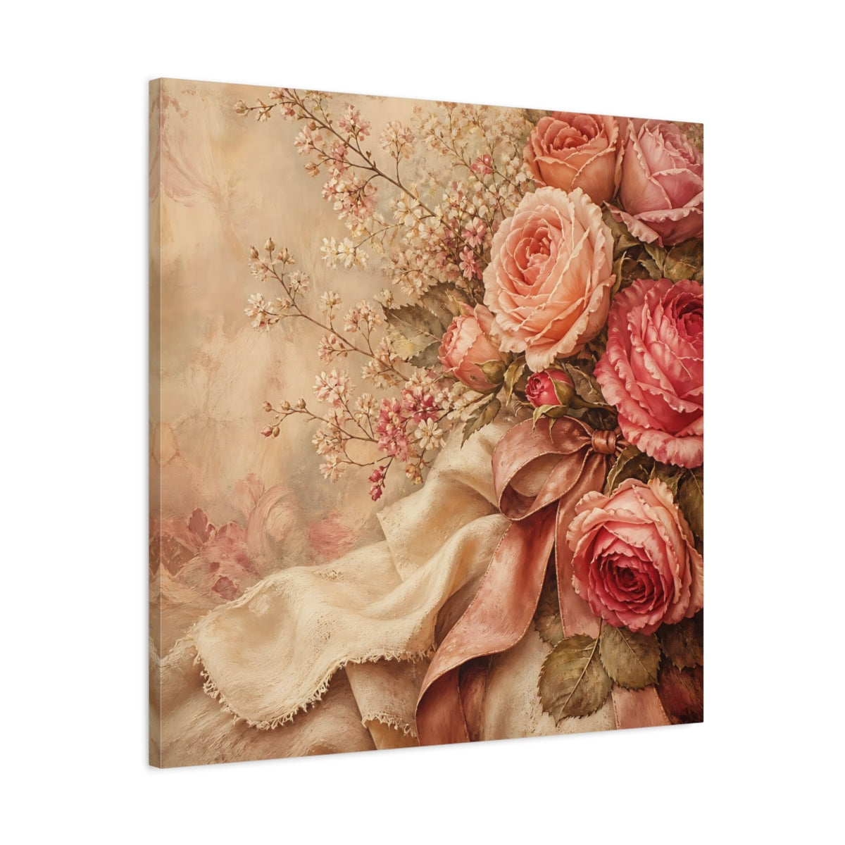 Side Mockup 3. Floral Roses Pink Roses Vintage shown as stretched canvas wall art