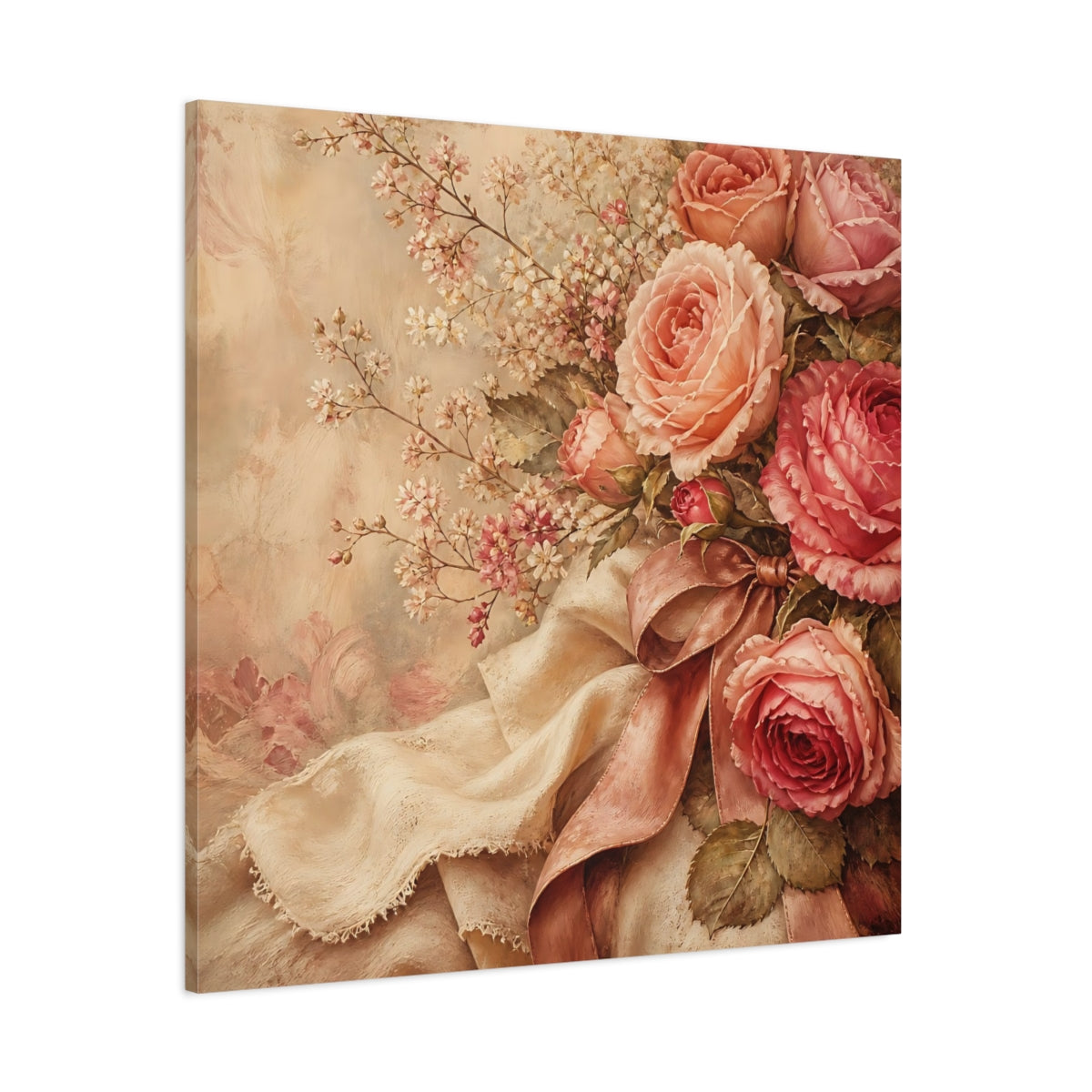 Side Mockup 1. Floral Roses Pink Roses Vintage shown as stretched canvas wall art