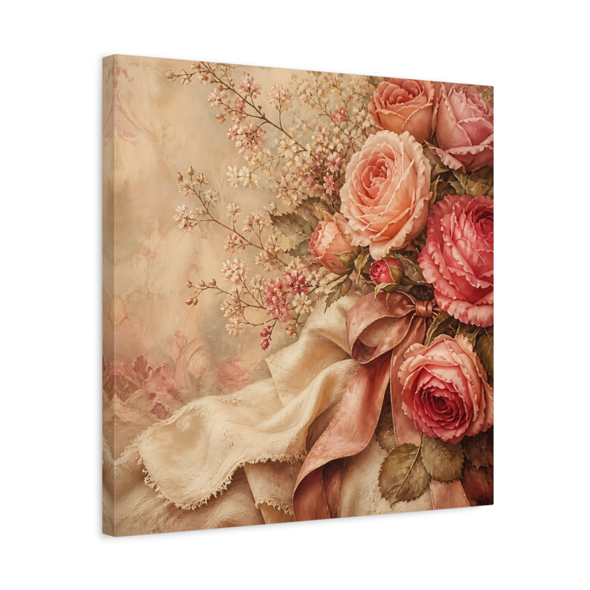 Side Mockup 5. Floral Roses Pink Roses Vintage shown as stretched canvas wall art
