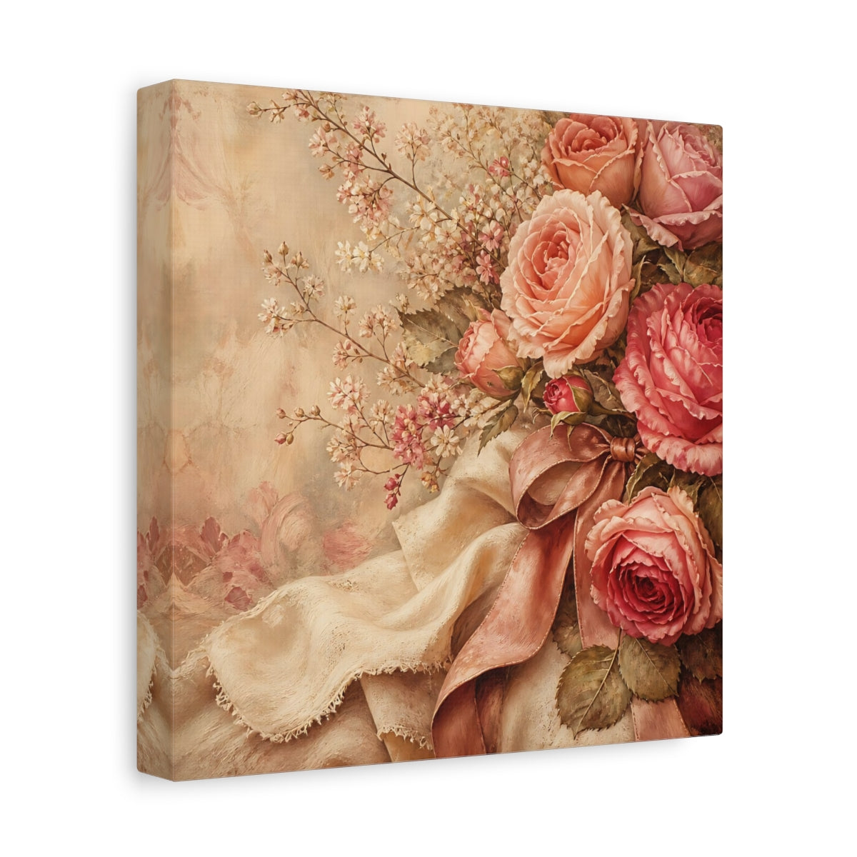 Side Mockup 9. Floral Roses Pink Roses Vintage shown as stretched canvas wall art