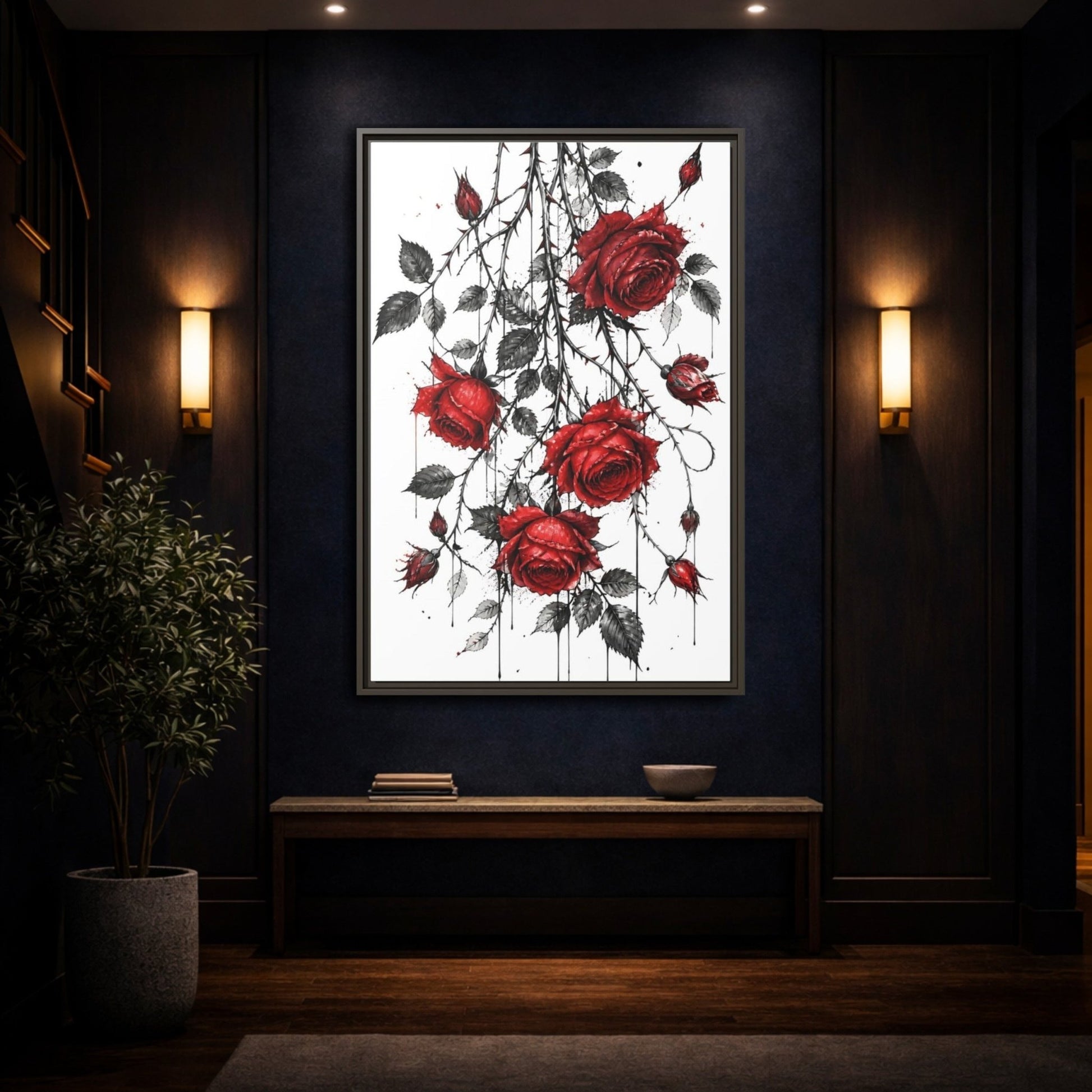 Floral Roses Red And Black Framed Canvas Print – Illustrative Decor for Living Room, Above Fireplace - YesArtYes