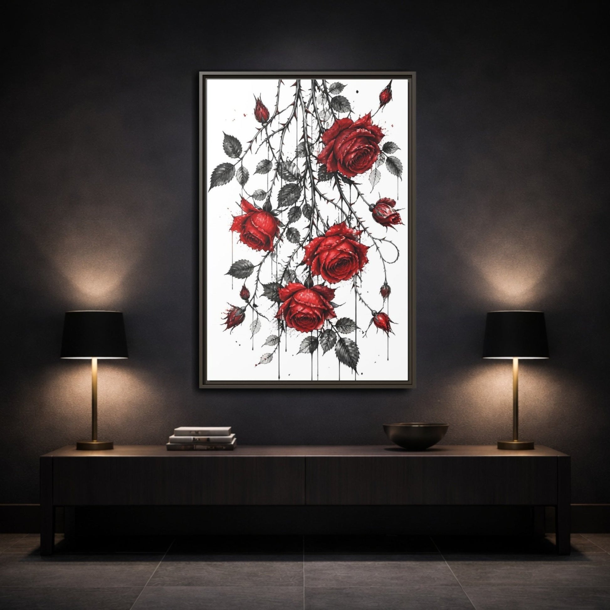 Floral Roses Red And Black Framed Canvas Print – Illustrative Decor for Living Room, Above Fireplace - YesArtYes