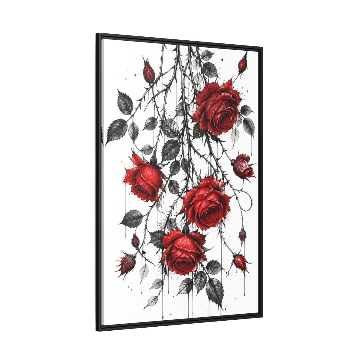 Floral Roses Red And Black Framed Canvas Print – Illustrative Decor for Living Room, Above Fireplace - YesArtYes