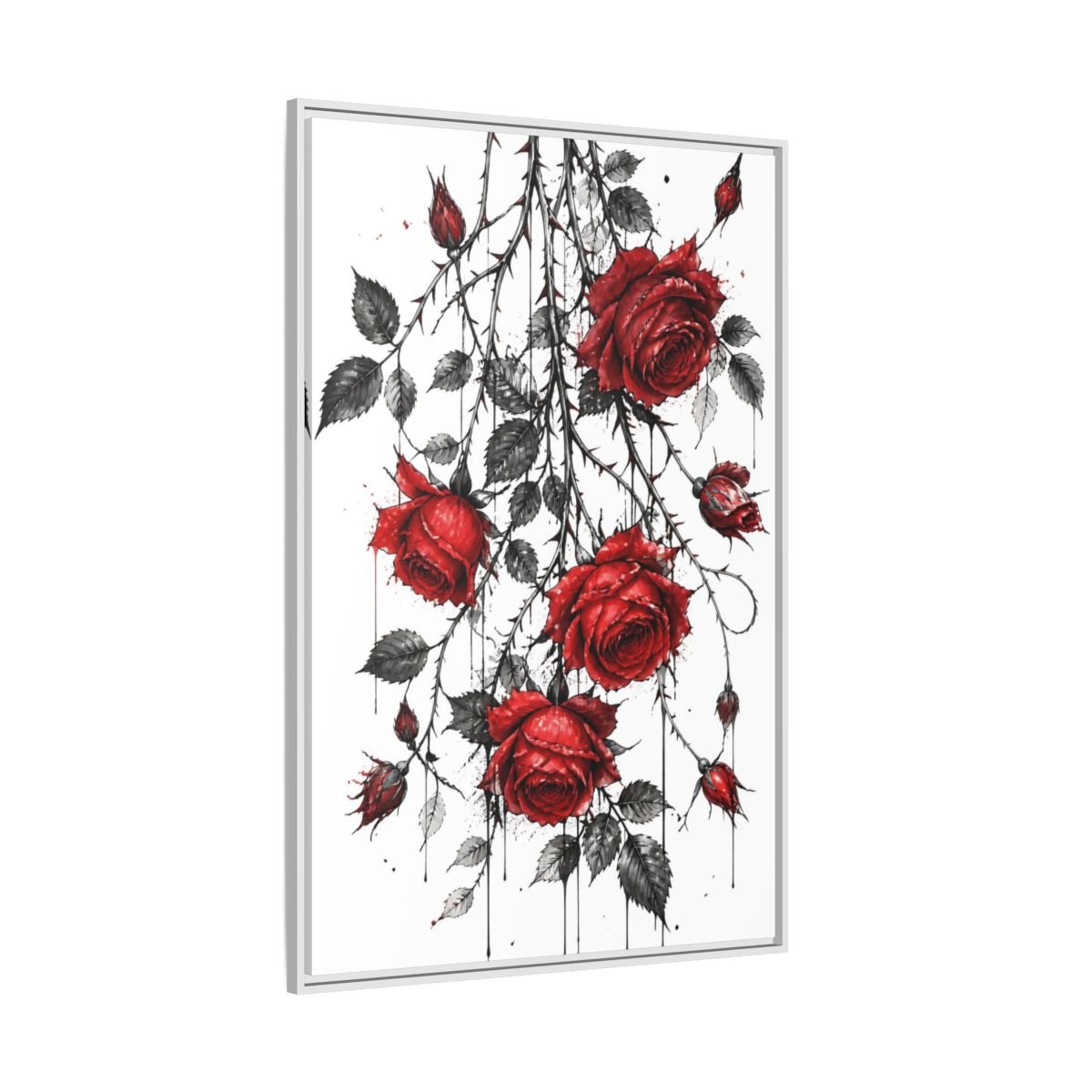 Floral Roses Red And Black Framed Canvas Print – Illustrative Decor for Living Room, Above Fireplace - YesArtYes