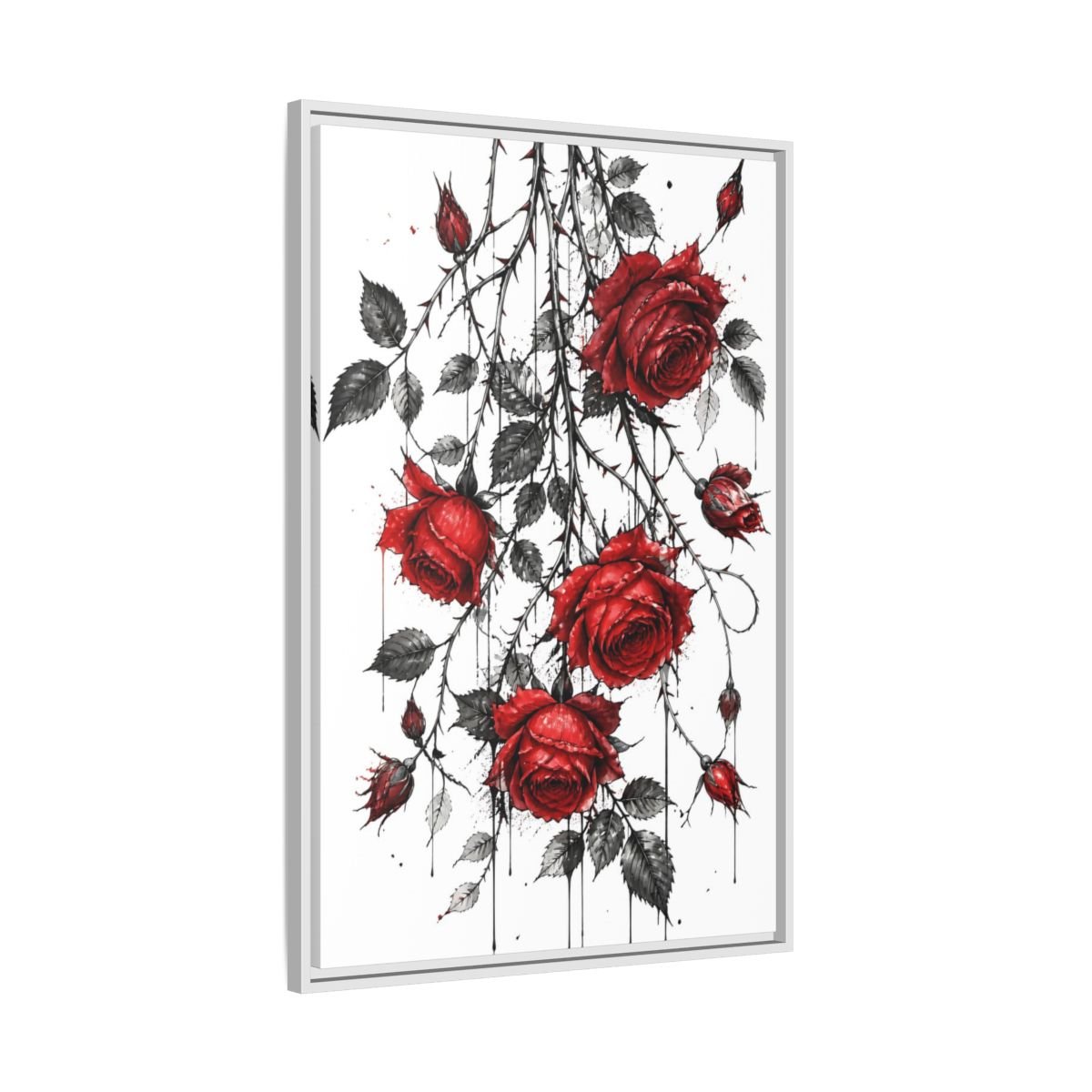 Floral Roses Red And Black Framed Canvas Print – Illustrative Decor for Living Room, Above Fireplace - YesArtYes