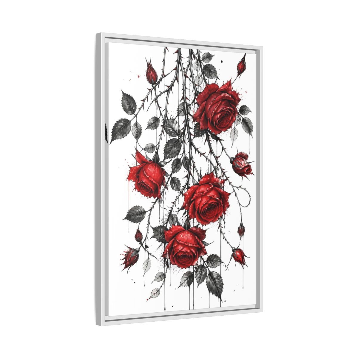 Floral Roses Red And Black Framed Canvas Print – Illustrative Decor for Living Room, Above Fireplace - YesArtYes