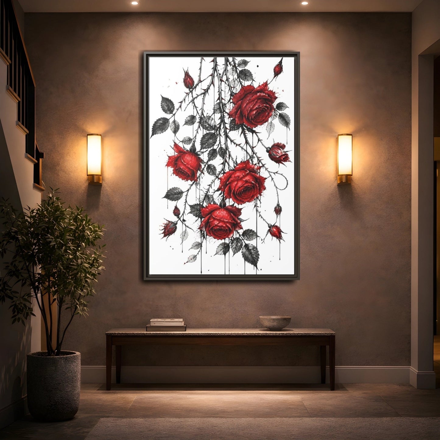Floral Roses Red And Black Framed Canvas Print – Illustrative Decor for Living Room, Above Fireplace - YesArtYes
