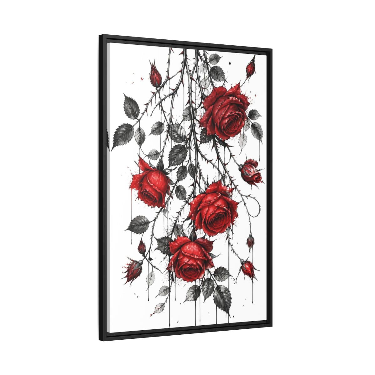 Floral Roses Red And Black Framed Canvas Print – Illustrative Decor for Living Room, Above Fireplace - YesArtYes