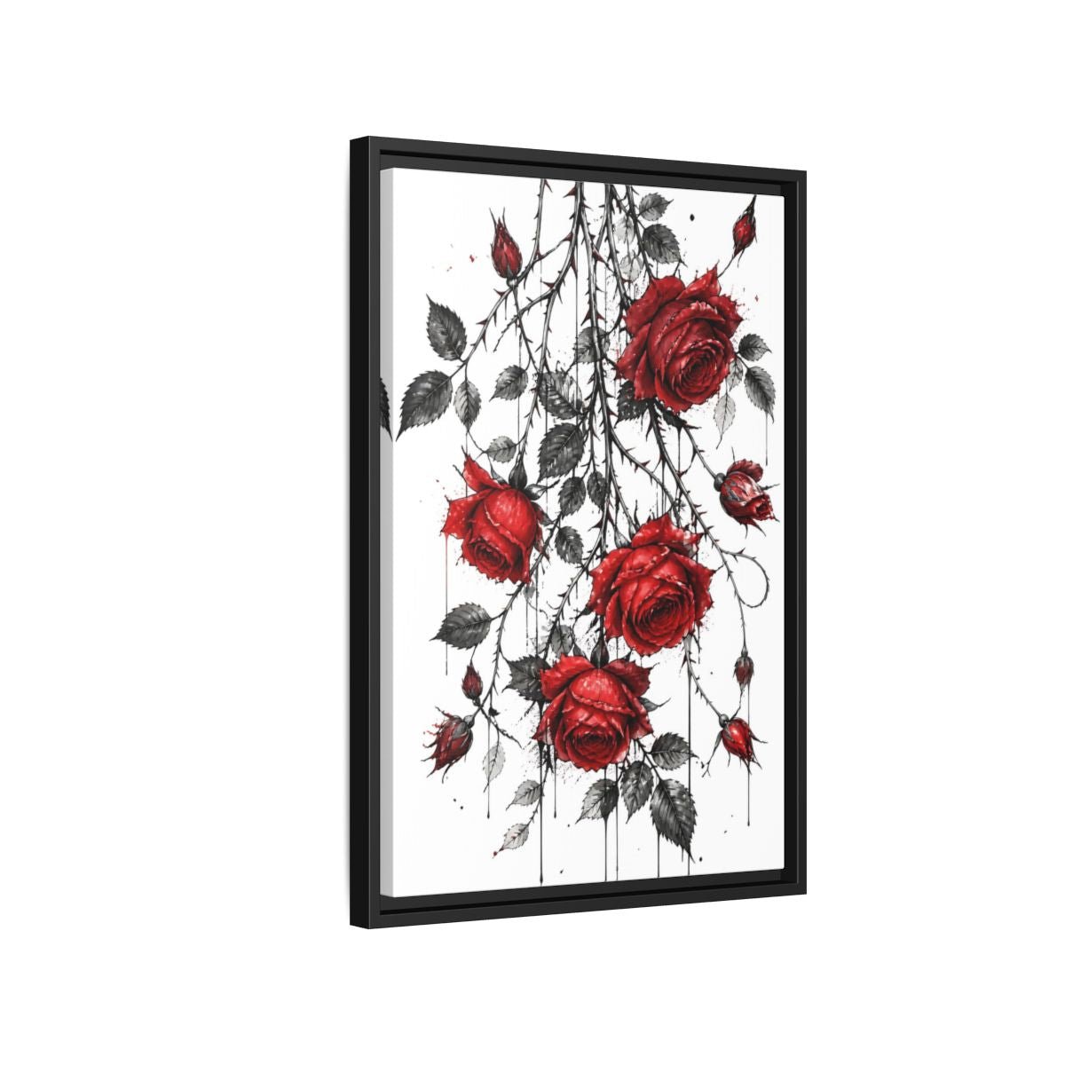Floral Roses Red And Black Framed Canvas Print – Illustrative Decor for Living Room, Above Fireplace - YesArtYes