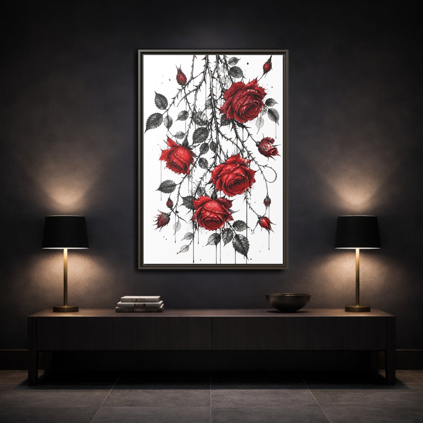 Mockup 3. Floral Roses Red And Black shown as framed canvas print