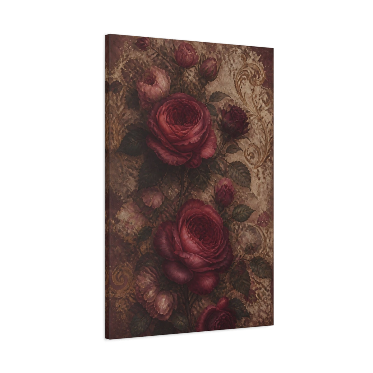Main Mockup. Floral Roses Red And Gold shown as canvas print