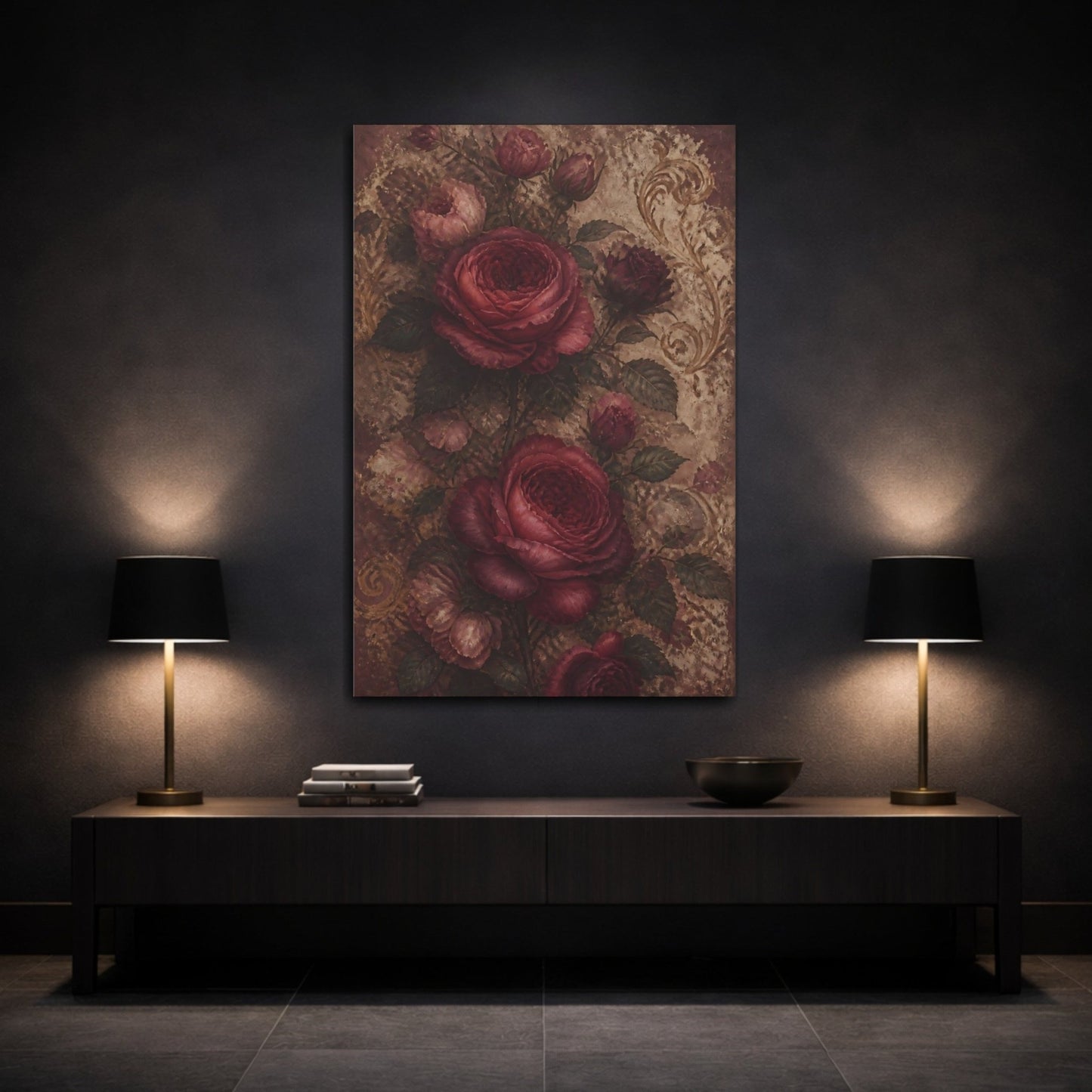 Floral Roses Red And Gold Canvas Print – Vintage Living Room, Above Console Table - YesArtYes
