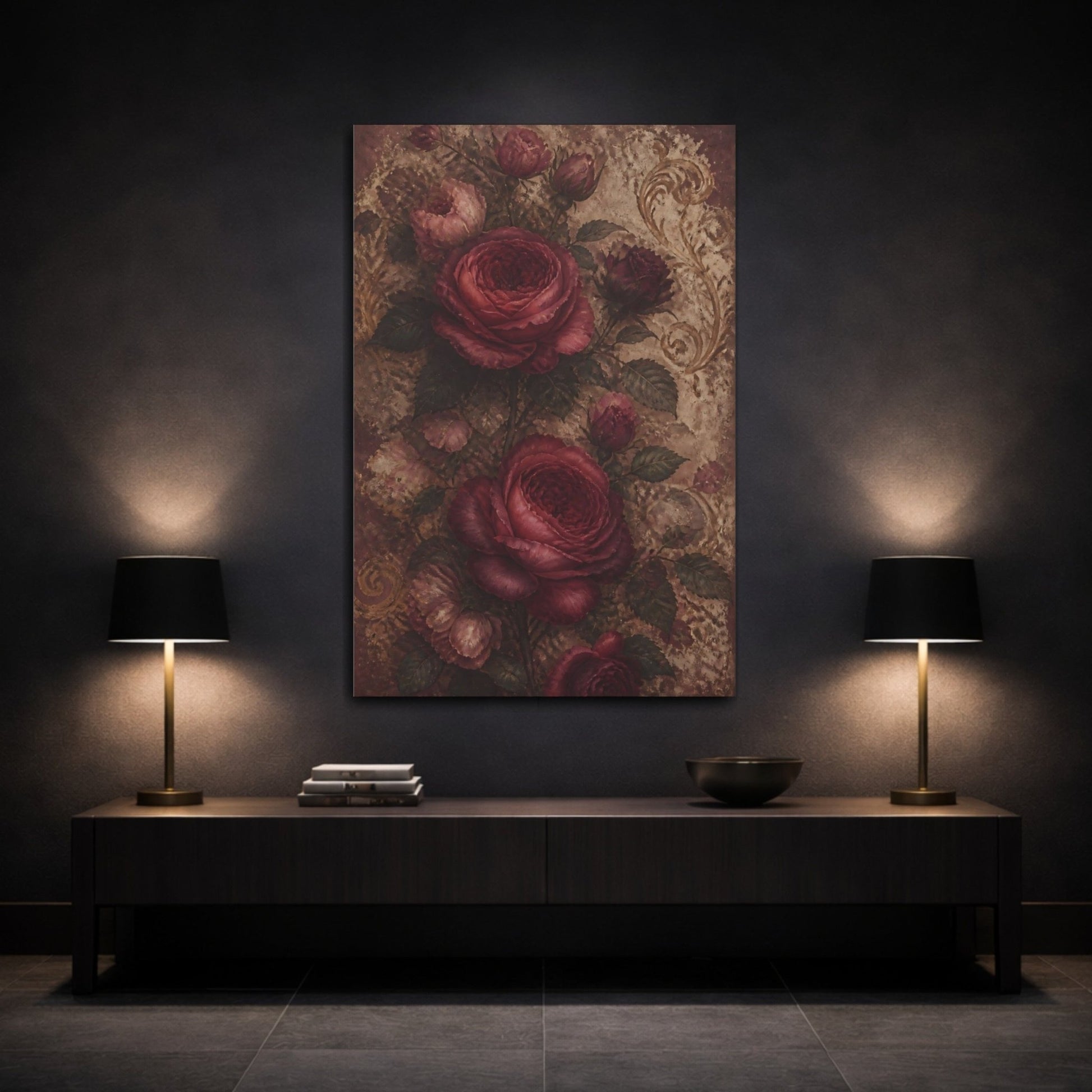 Floral Roses Red And Gold Canvas Print – Vintage Living Room, Above Console Table - YesArtYes