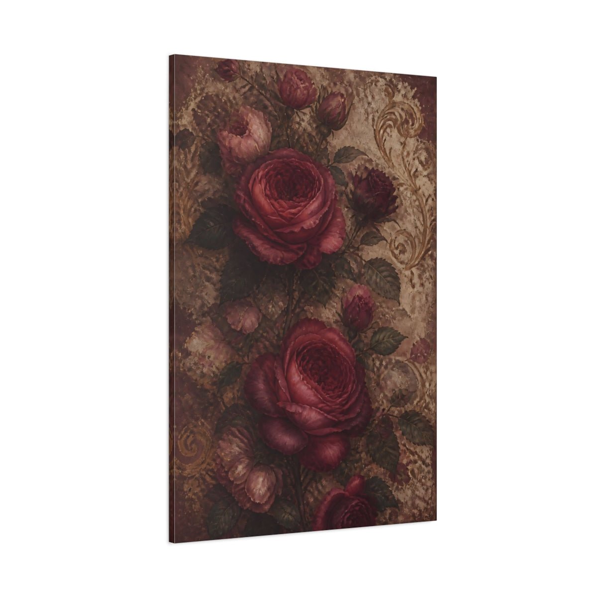 Floral Roses Red And Gold Canvas Print – Vintage Living Room, Above Console Table - YesArtYes