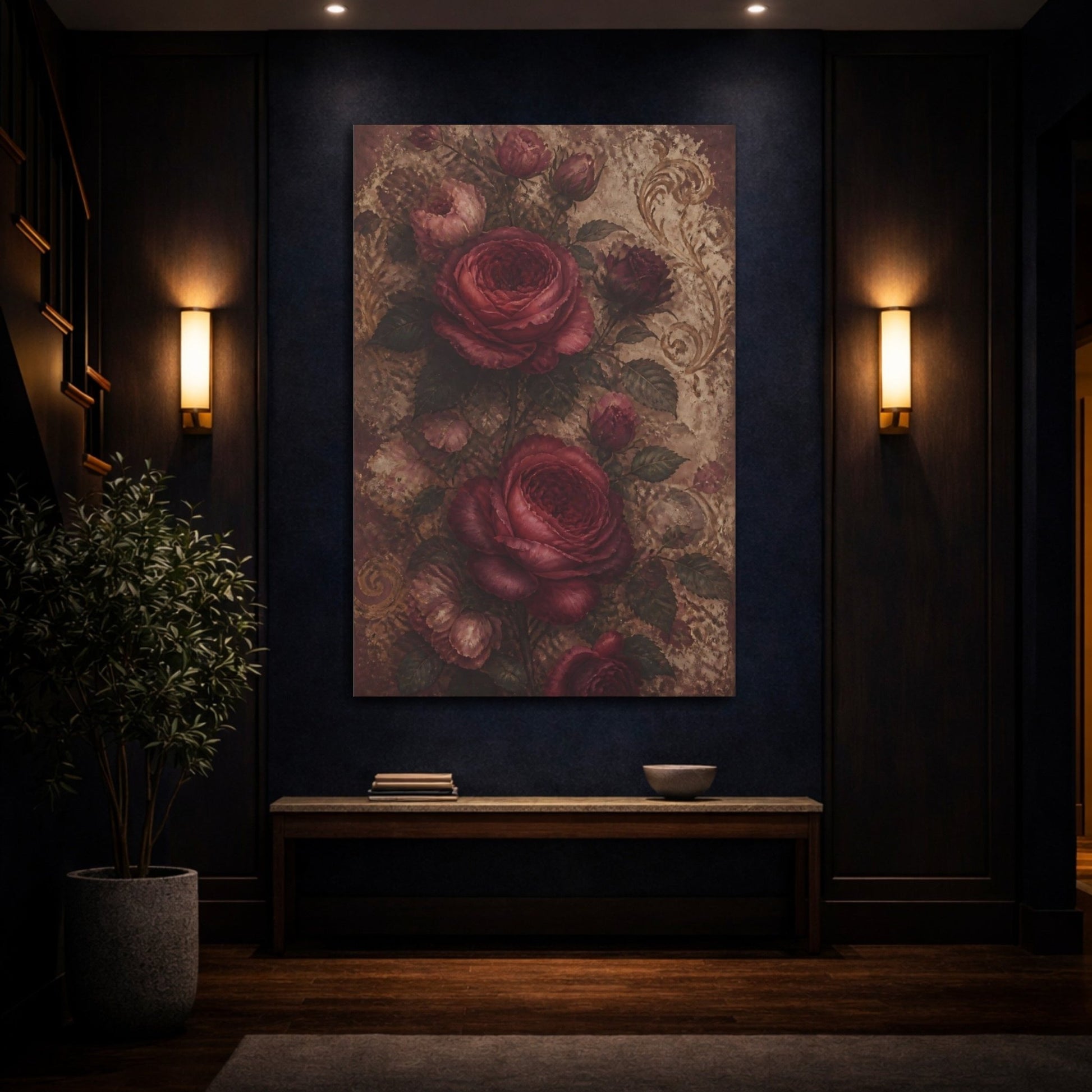 Floral Roses Red And Gold Canvas Print – Vintage Living Room, Above Console Table - YesArtYes