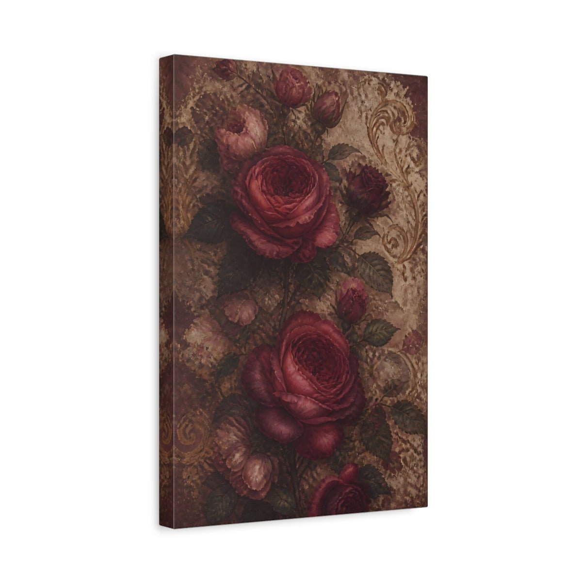 Floral Roses Red And Gold Canvas Print – Vintage Living Room, Above Console Table - YesArtYes