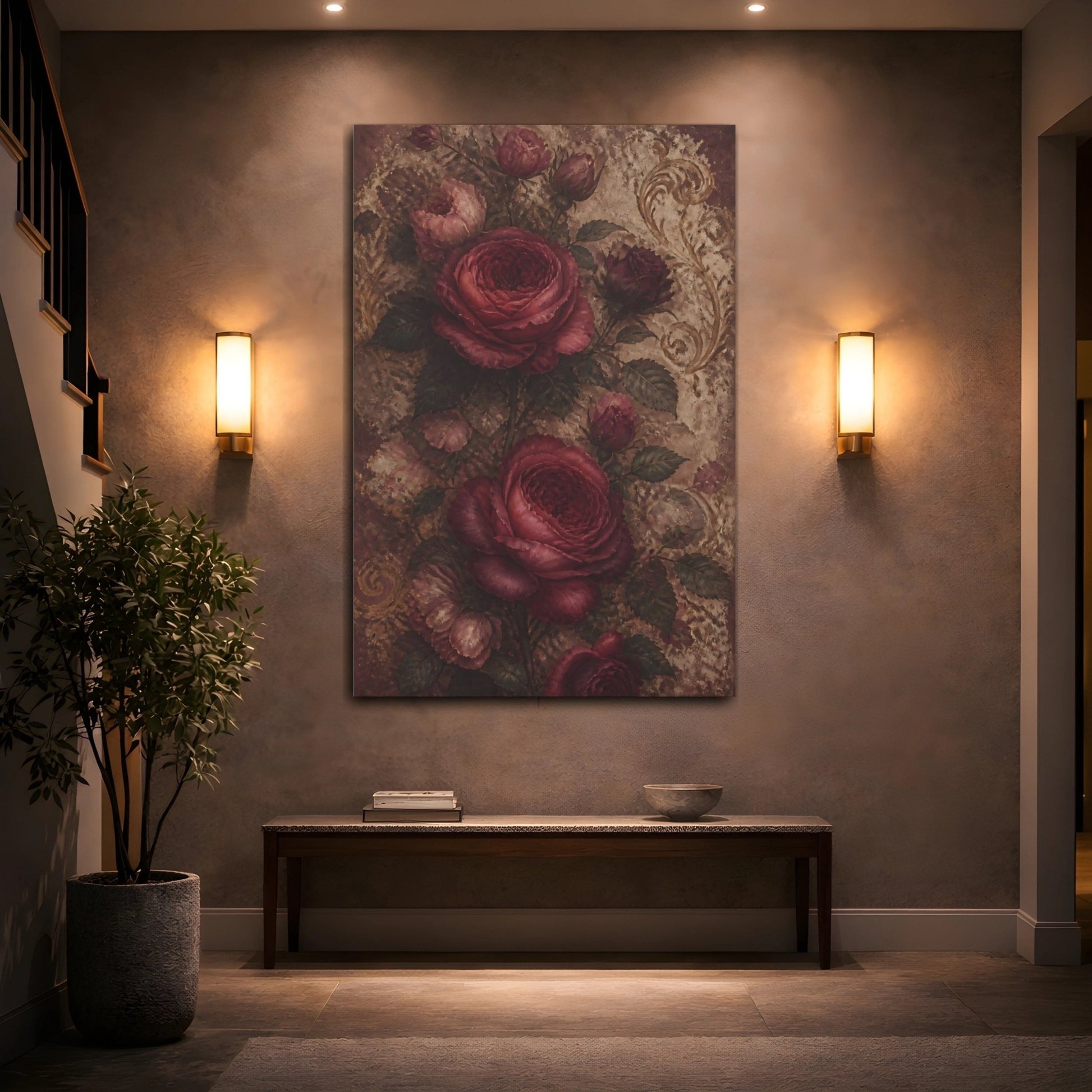 Floral Roses Red And Gold Canvas Print – Vintage Living Room, Above Console Table - YesArtYes
