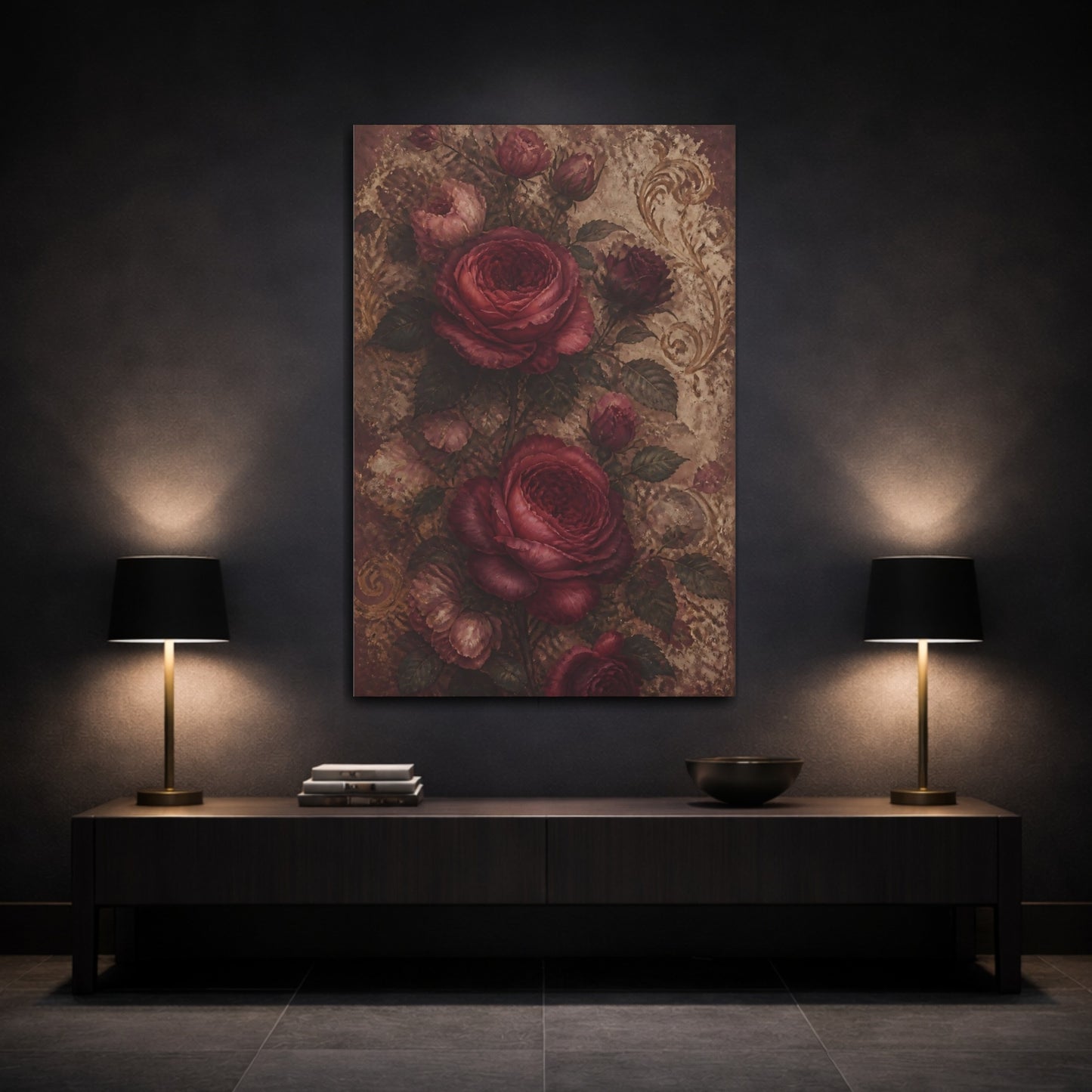 Mockup 3. Floral Roses Red And Gold shown as canvas print