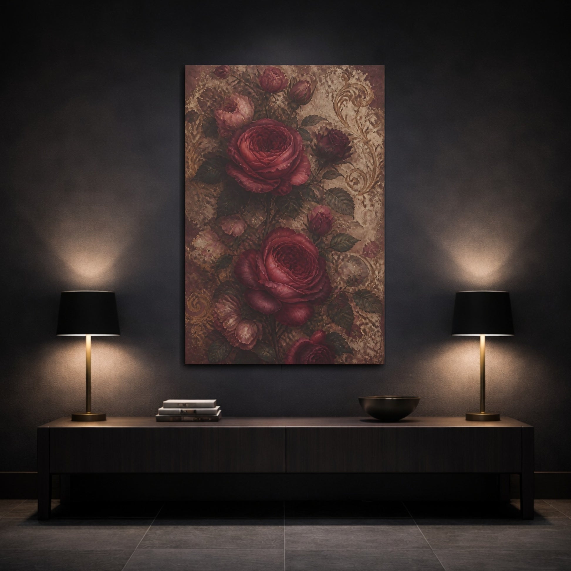 Mockup 3. Floral Roses Red And Gold shown as canvas print