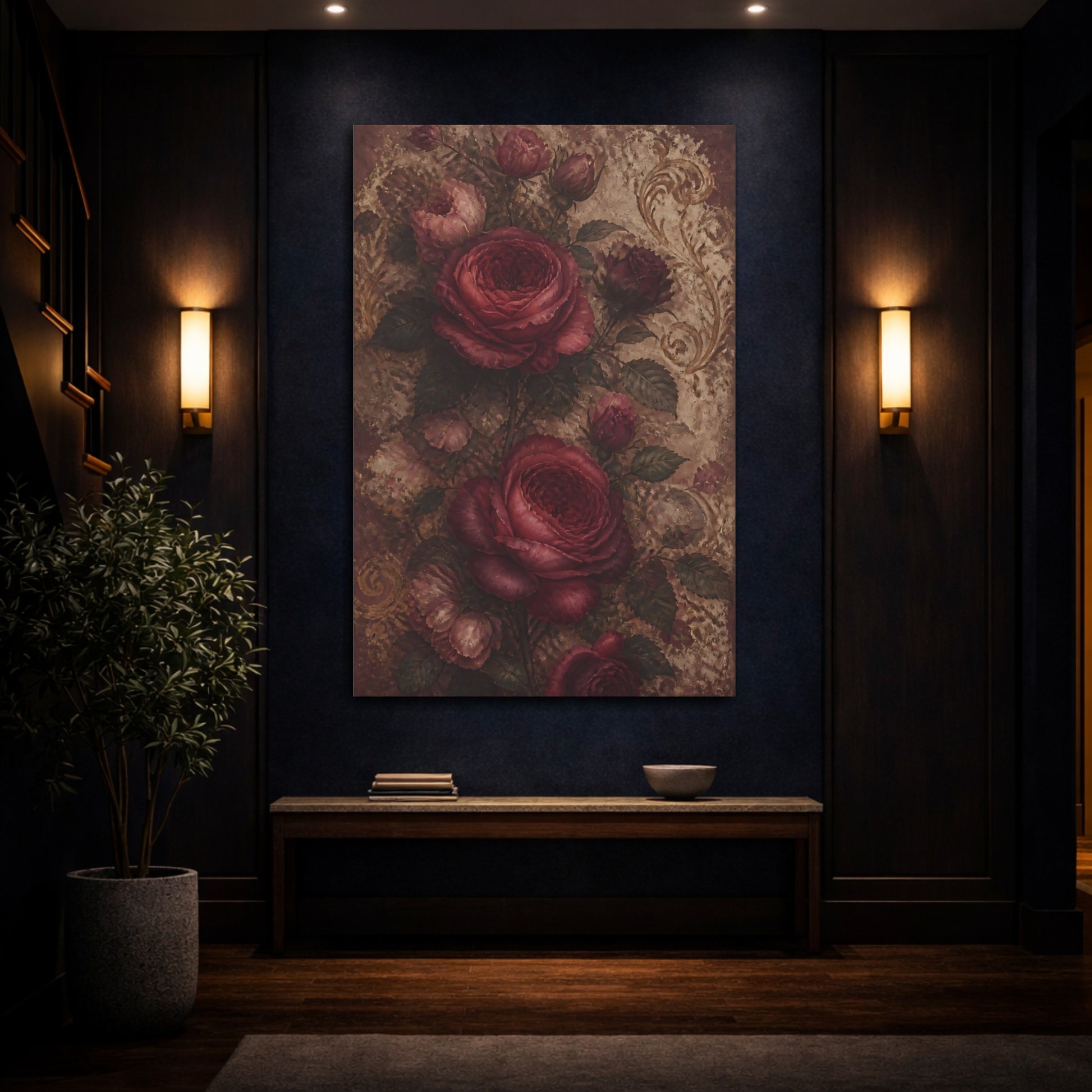 Mockup 4. Floral Roses Red And Gold shown as canvas print