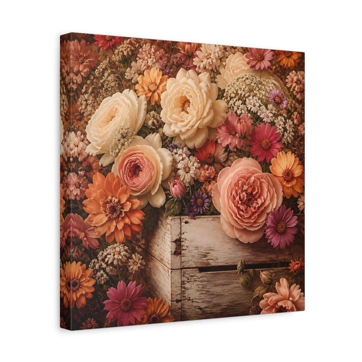 Side Mockup 7. Floral Roses Vintage Floral shown as stretched canvas wall art